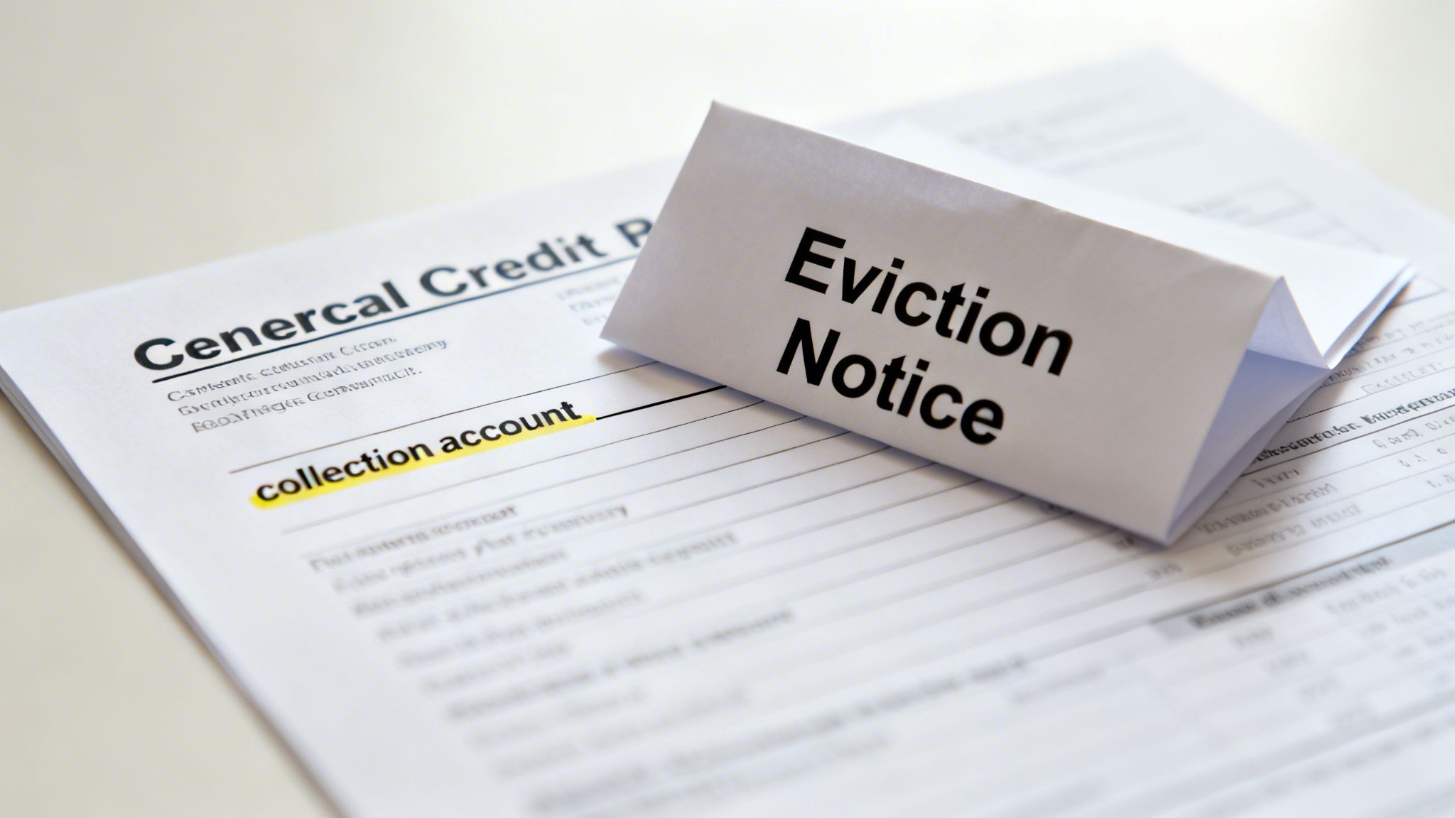An eviction notice lies on a credit report document, highlighting a 'collection account'.