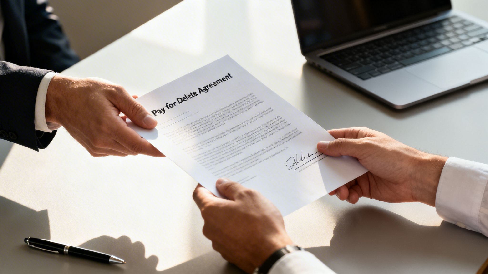 Two business people exchanging a 'Pay for Delete Agreement' document at a desk with a laptop and pen.