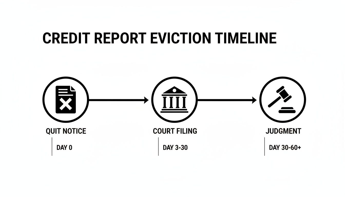 A credit report eviction timeline flowchart showing three stages: Quit Notice, Court Filing, and Judgment process.