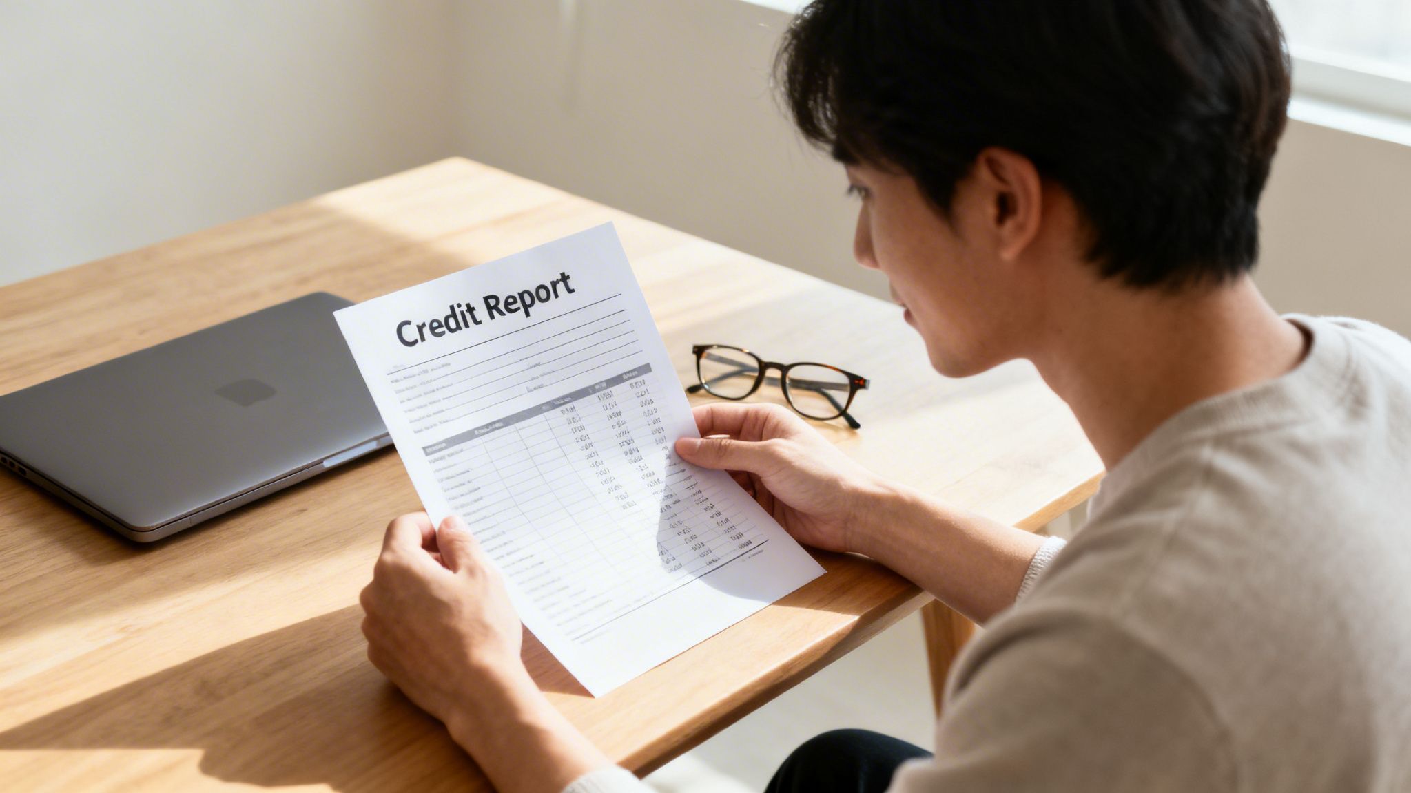 A man reviews his credit report at a wooden desk with a laptop and glasses.