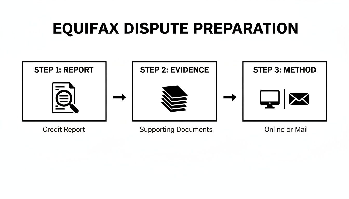 A three-step guide for Equifax dispute preparation, covering credit report, supporting evidence, and submission methods.