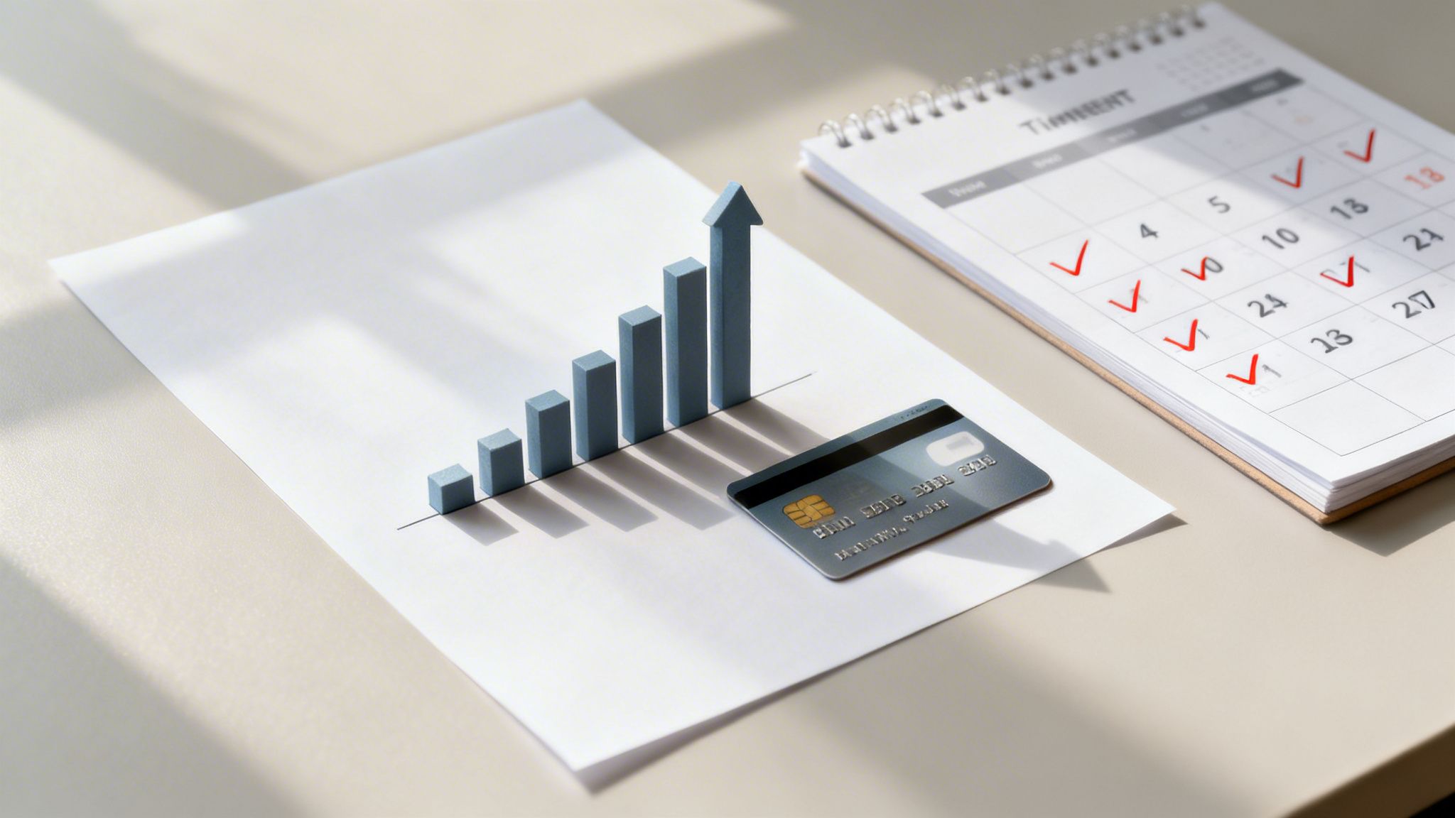 A bar graph showing upward financial growth, a credit card, and a calendar with successful payment dates.