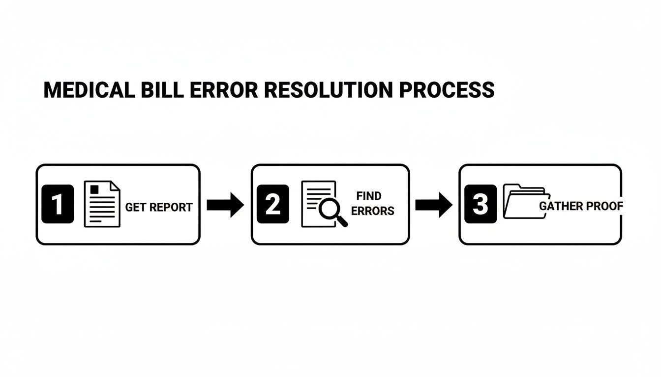A three-step process flowchart outlining medical bill error resolution: Get Report, Find Errors, Gather Proof.