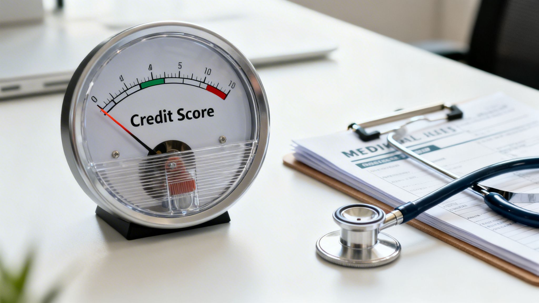 A credit score meter showing a low score, next to medical bills and a stethoscope.