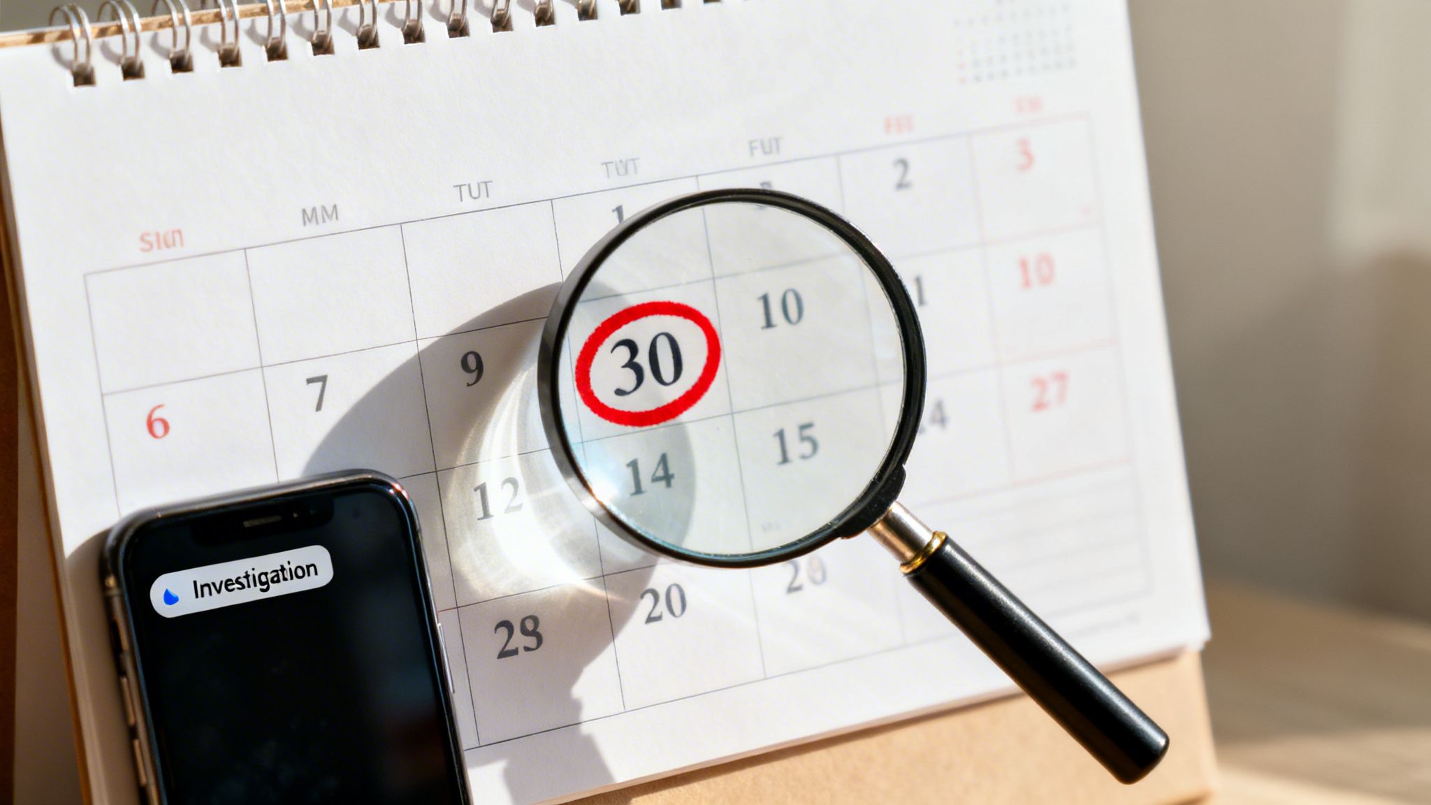Magnifying glass over calendar date '30', red circled, with a smartphone displaying 'Investigation' notification.