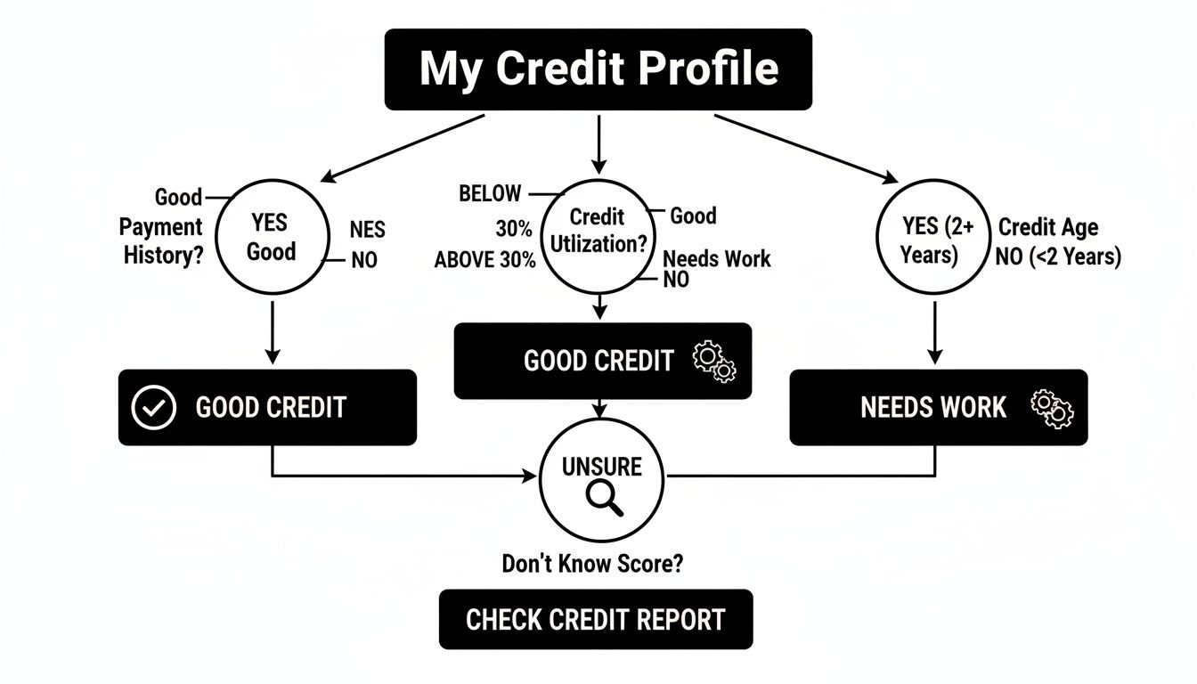 A flowchart titled 'My Credit Profile' showing steps to evaluate credit based on payment history, utilization, and age.