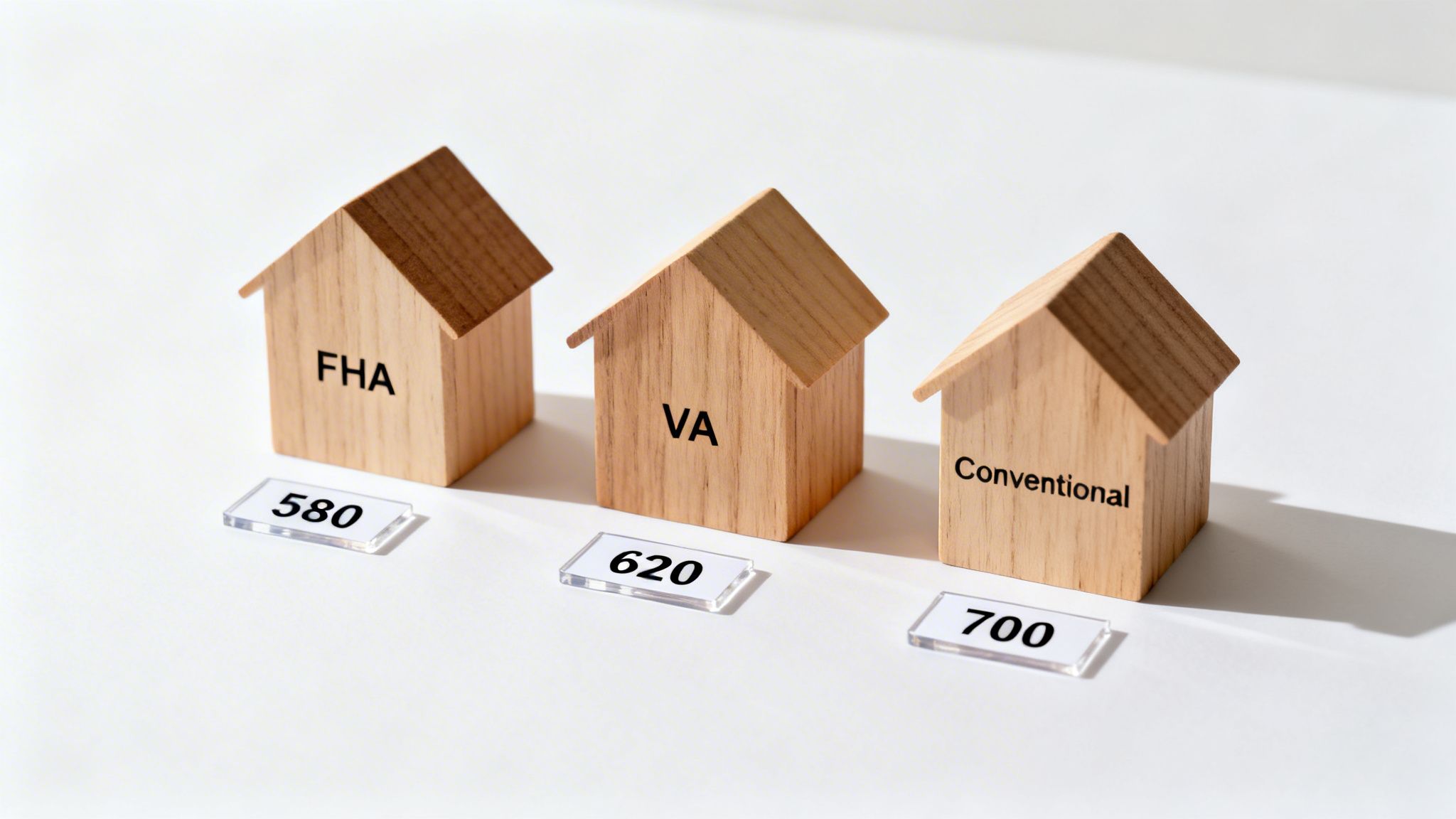 Three wooden houses representing FHA, VA, and Conventional loans with credit score requirements of 580, 620, and 700.