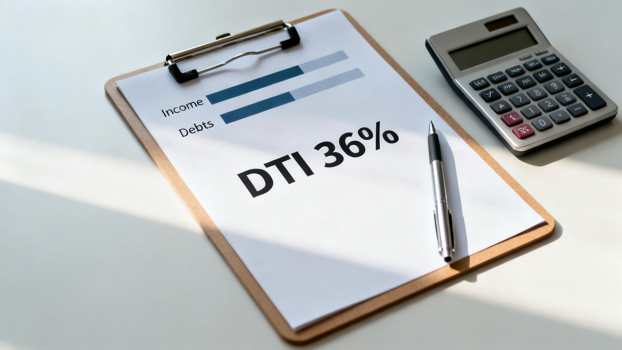 Clipboard with financial paper showing DTI 36%, income, debts, calculator, and pen on a desk.