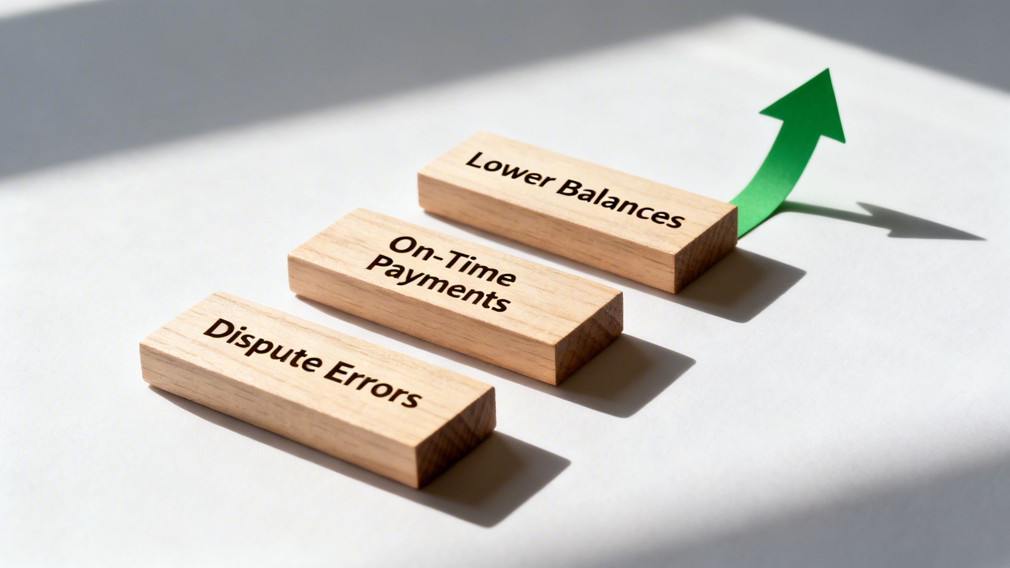 Wooden blocks display 'Dispute Errors', 'On-Time Payments', 'Lower Balances' with a rising green arrow.