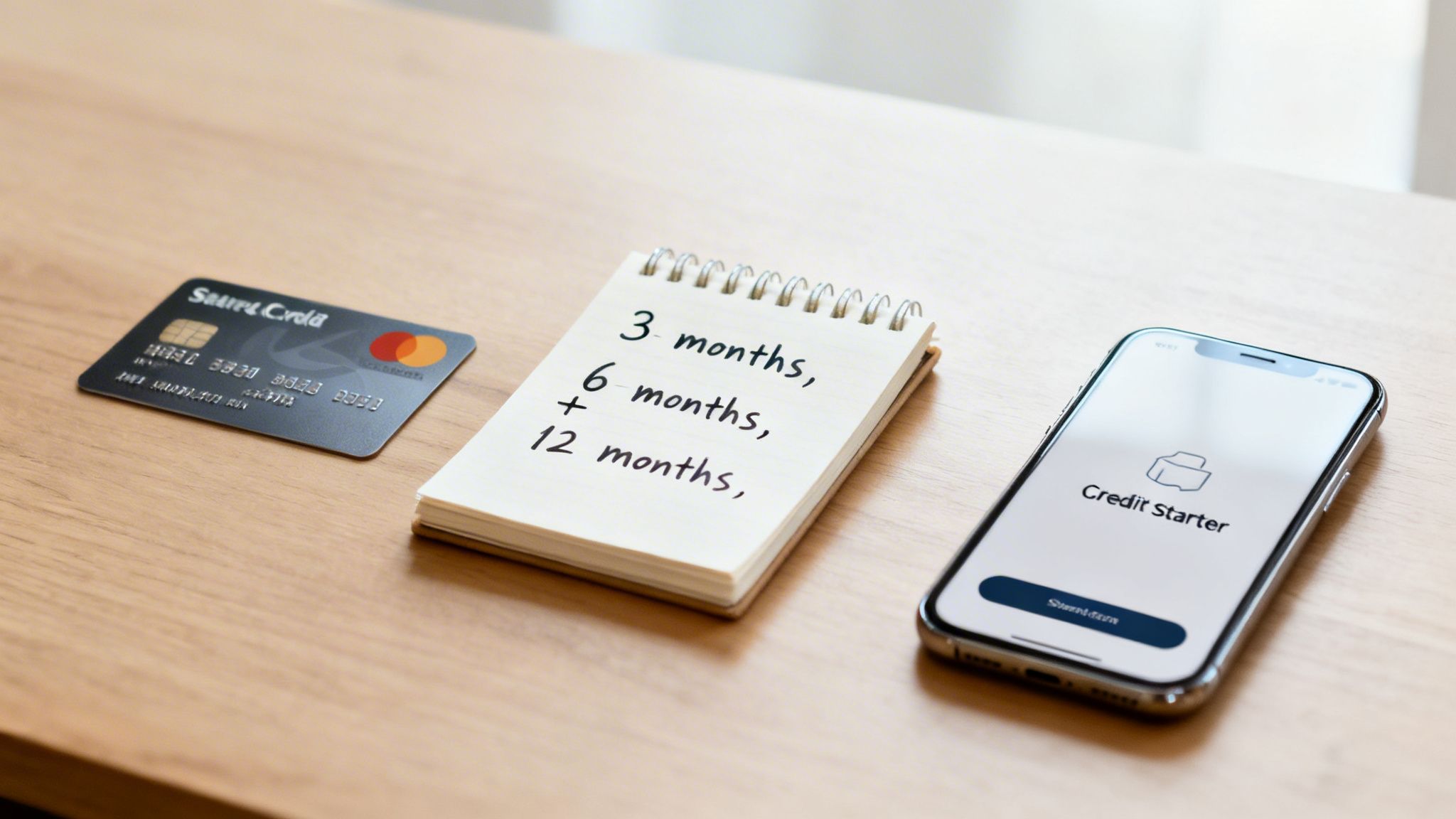 A credit card, a notepad with credit building timelines, and a 'Credit Starter' app on a smartphone on a wooden desk.