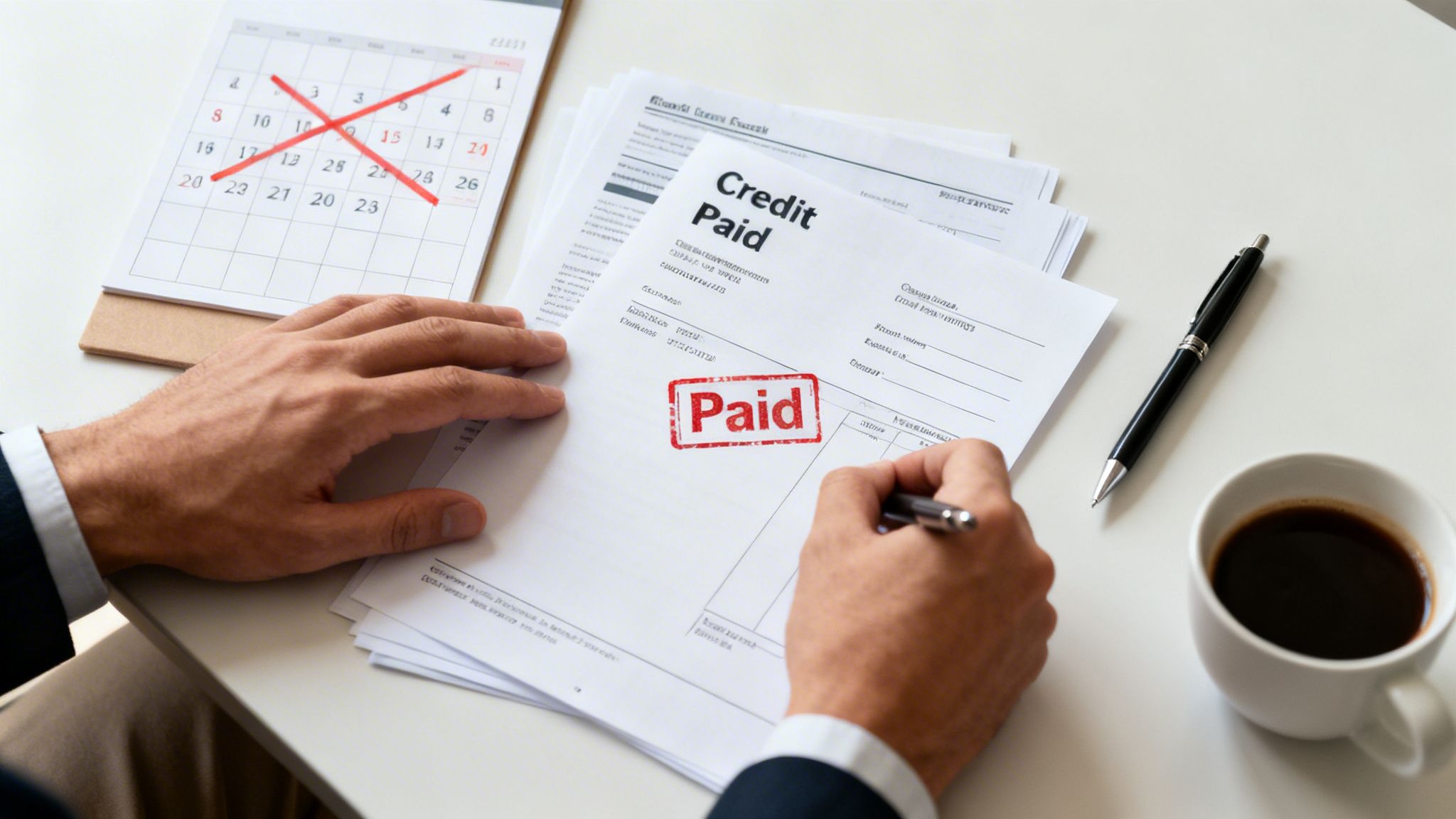 Hands on a 'Credit Paid' document with a 'Paid' stamp, near a calendar and coffee.