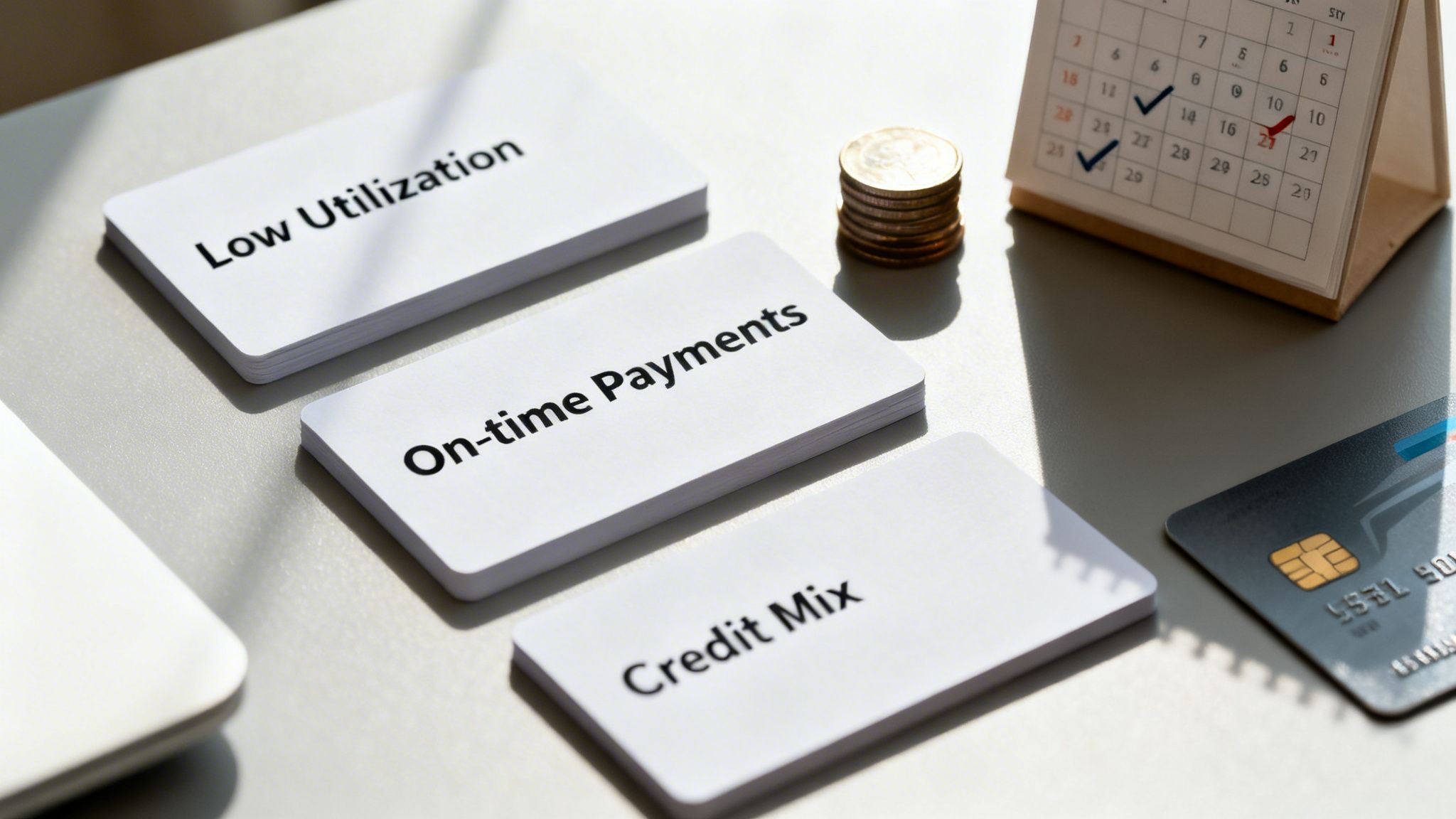 Three cards showing credit factors: Low Utilization, On-time Payments, Credit Mix, with a credit card, coins, and calendar.