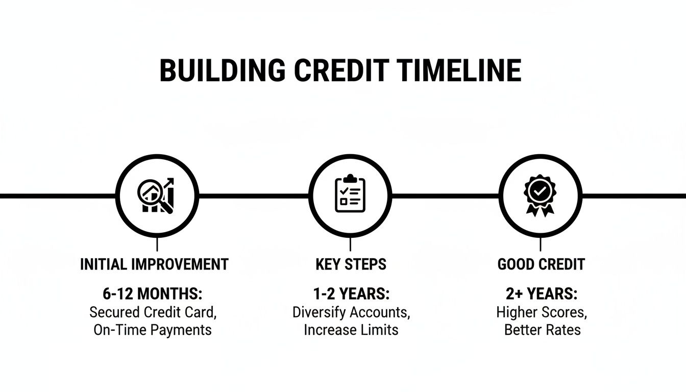A clear timeline illustrating the stages of building credit, from initial improvement to good credit.