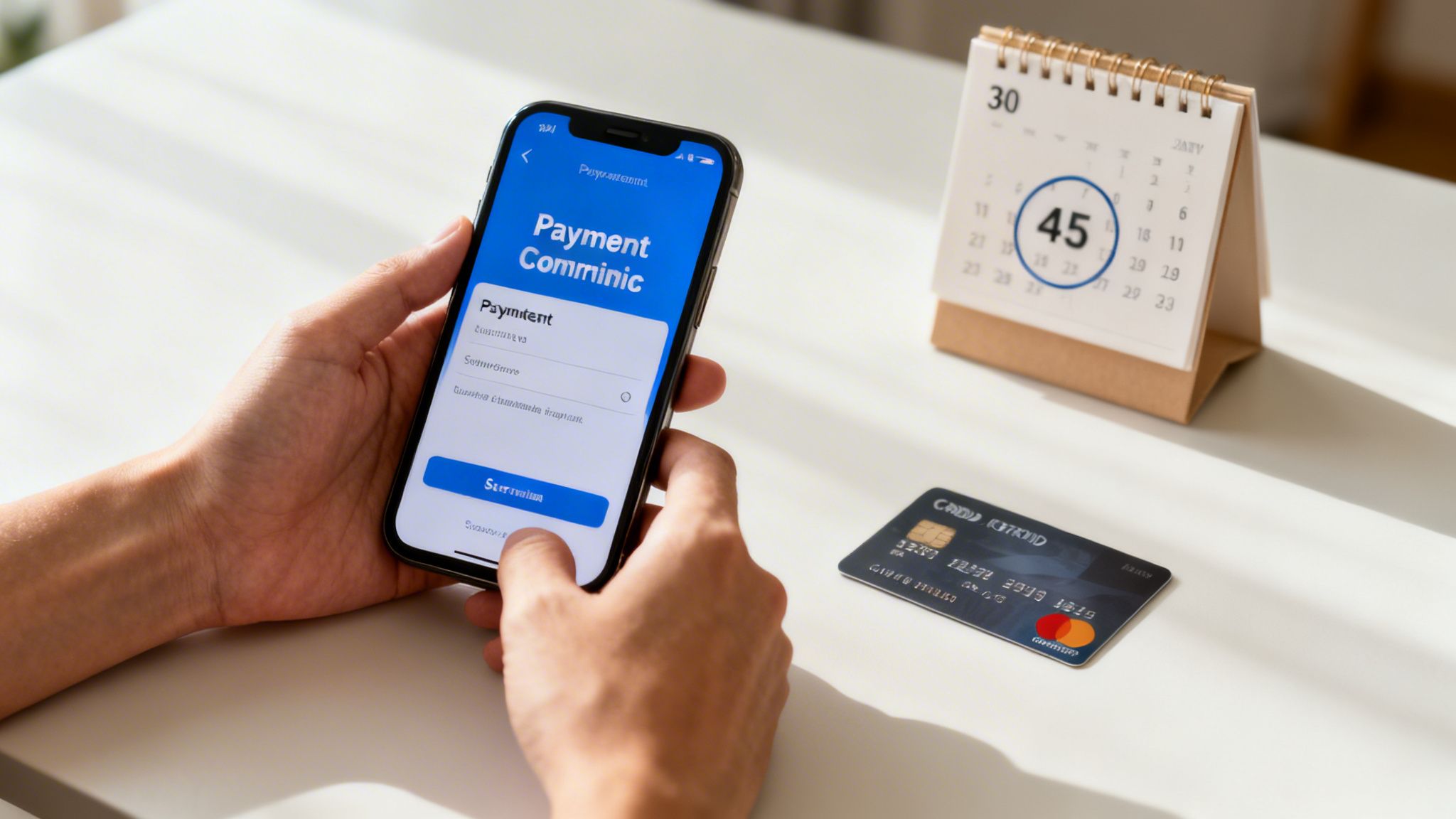 A person holds a smartphone displaying a payment app, with a calendar and credit card on the table.