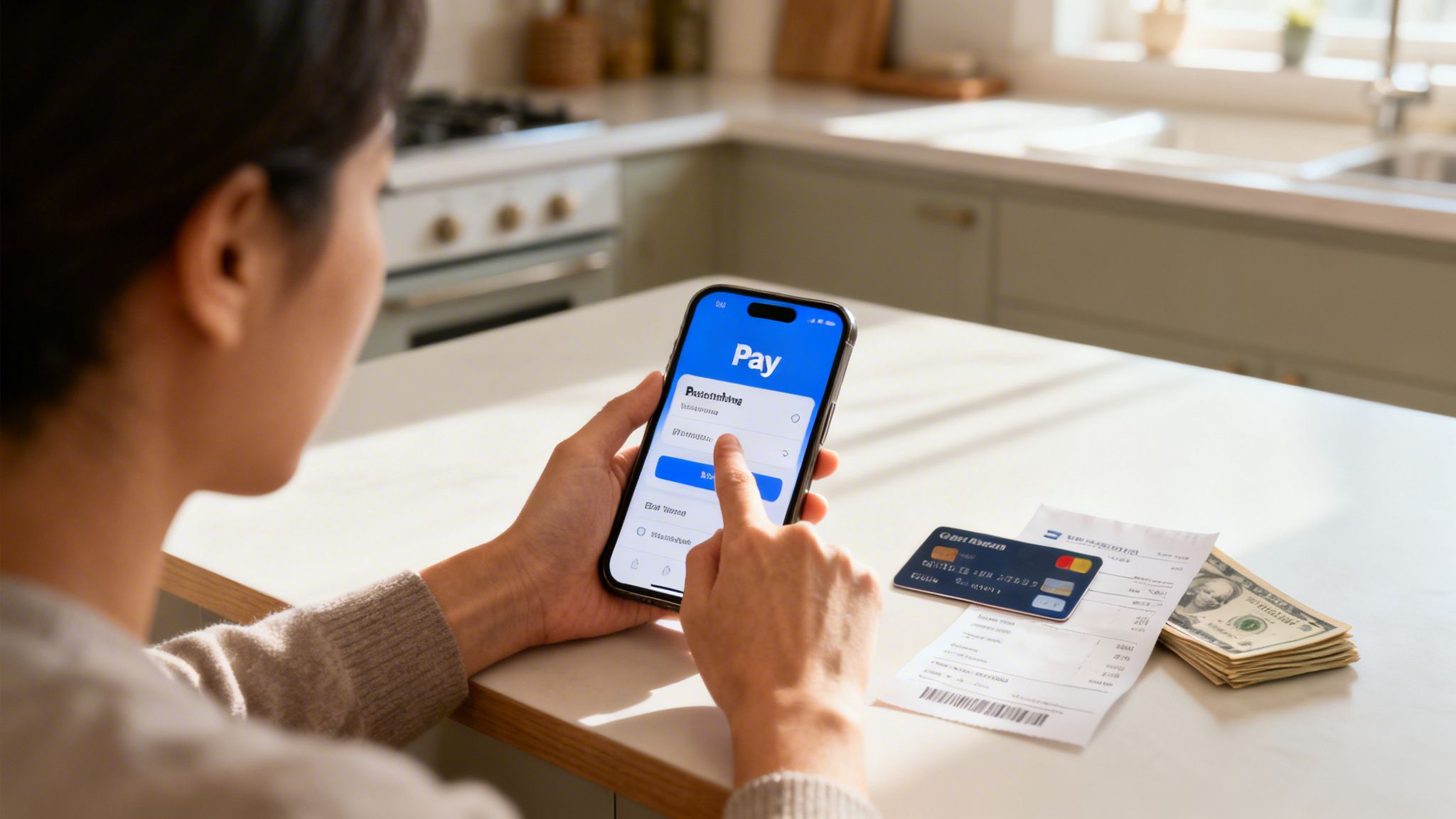 A person uses a mobile payment app on a smartphone, with a credit card, receipt, and cash nearby.