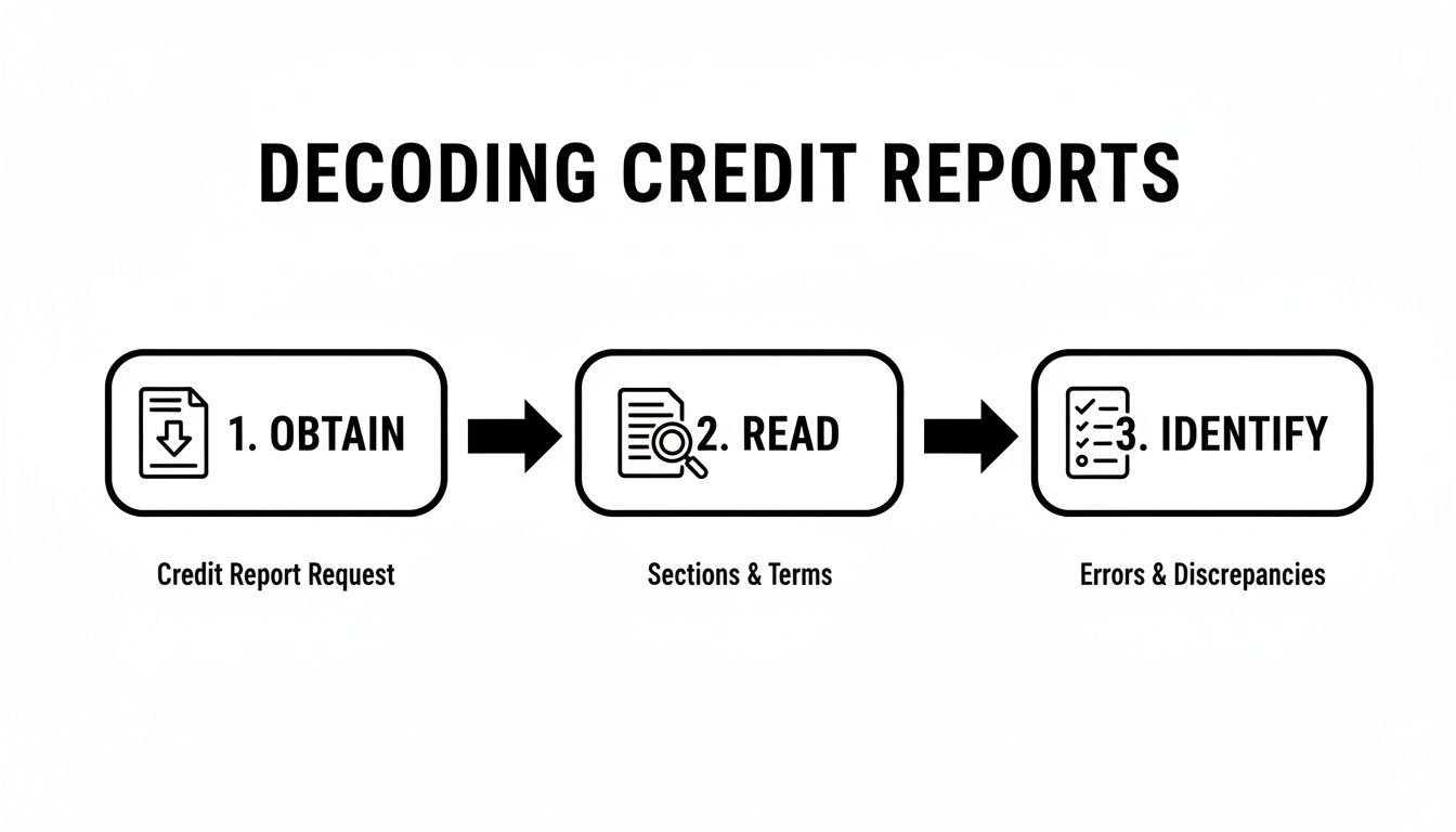 Infographic showing three steps to decoding credit reports: obtain, read, and identify errors.