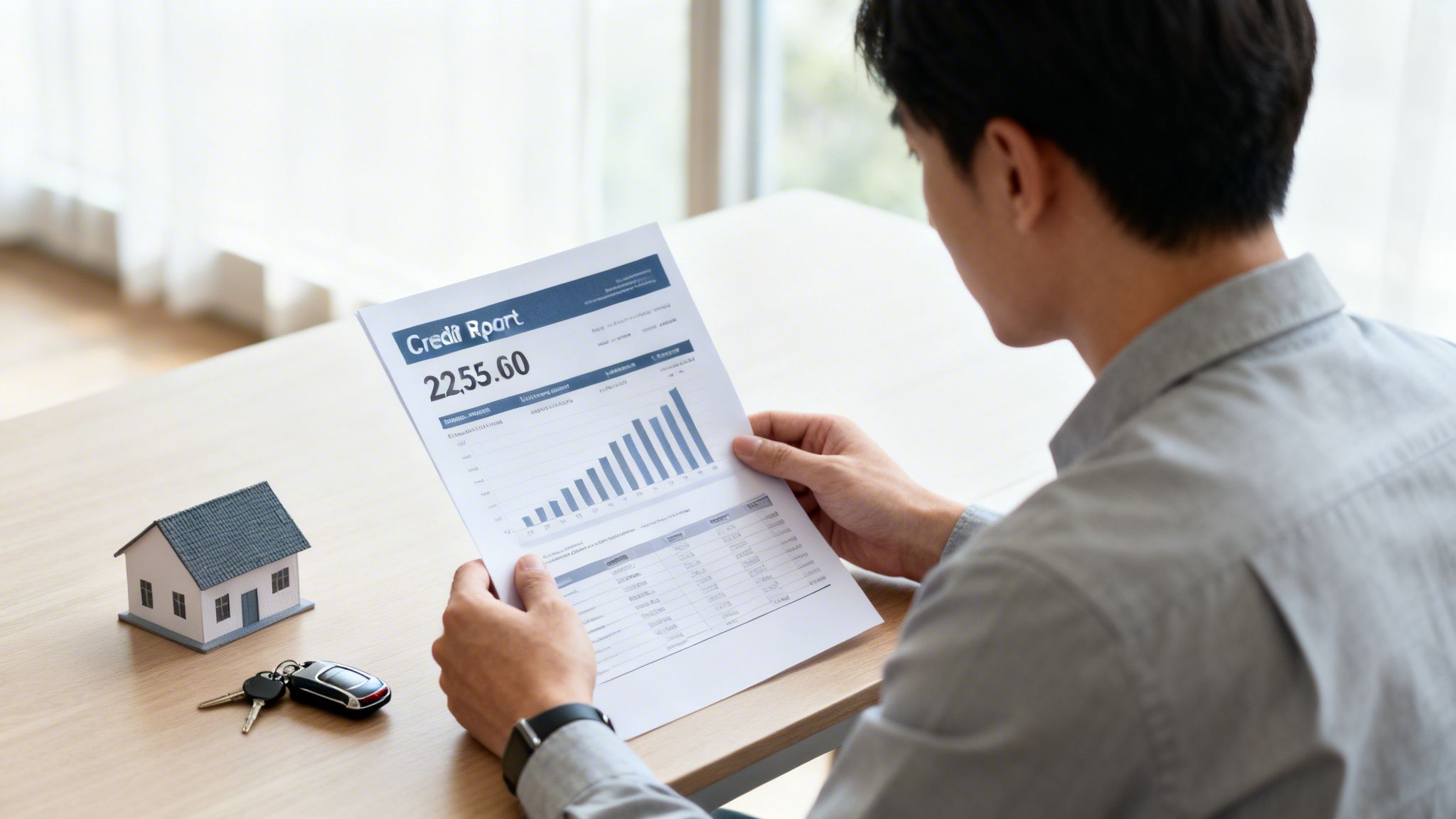 A man reviews a credit report document, with a miniature house and car keys on the table.