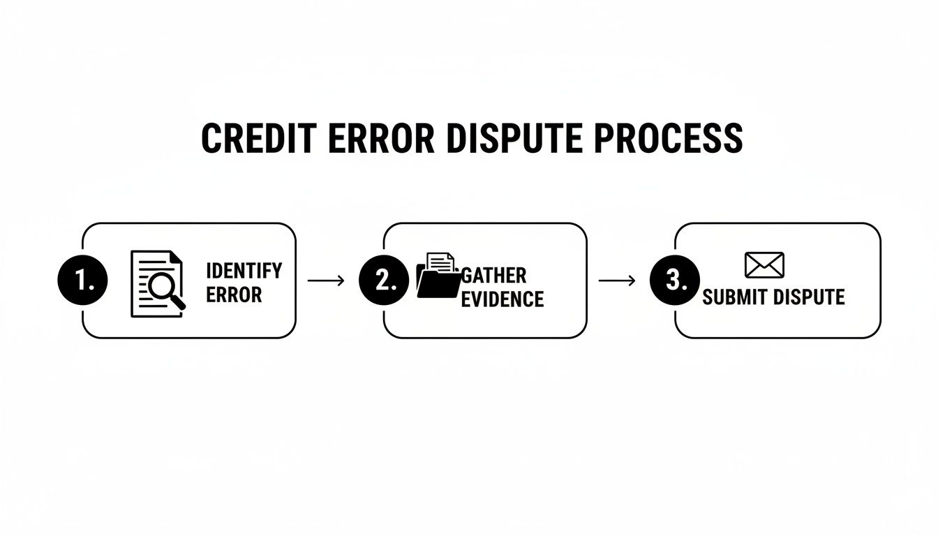 A flowchart detailing the credit error dispute process, with steps including Identify Error, Gather Evidence, and Submit Dispute.