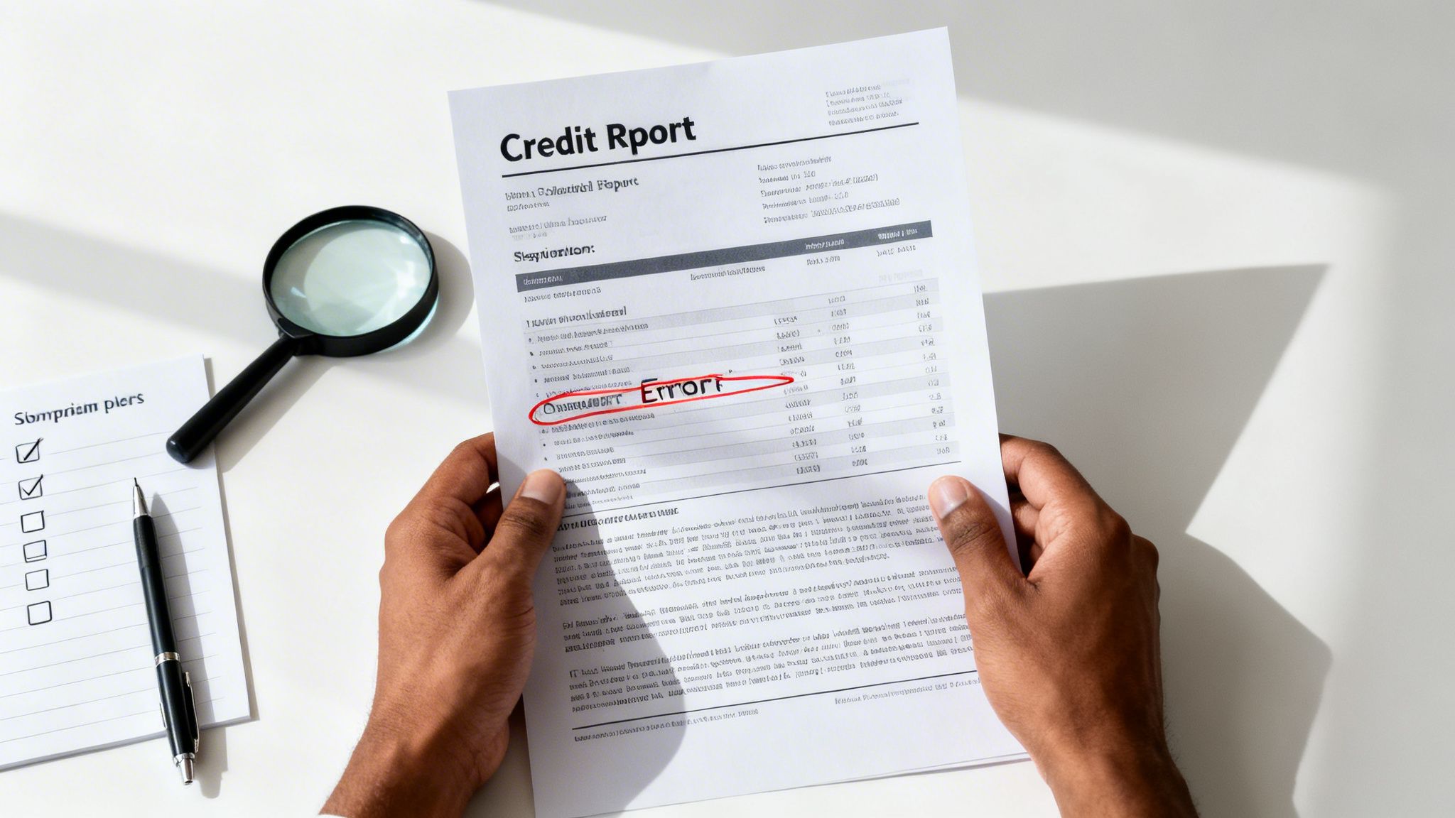 A person's hands hold a credit report with an error circled, next to a magnifying glass and checklist.