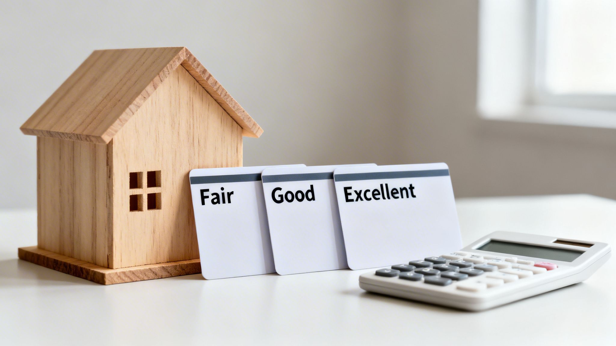 A wooden house model next to 'Fair', 'Good', and 'Excellent' credit score cards and a calculator.
