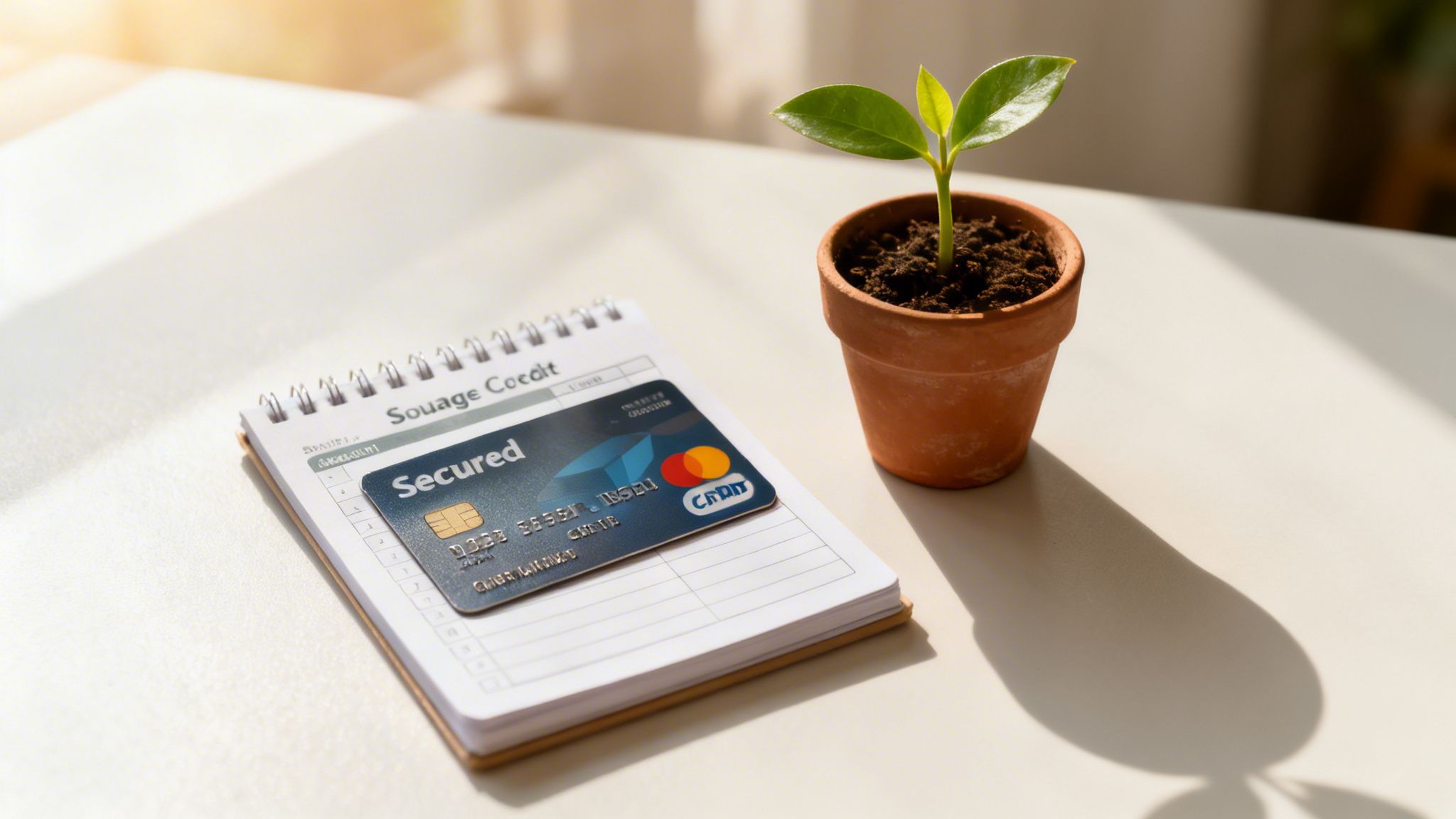 A secured credit card resting on a notebook, next to a small green plant in a terracotta pot.
