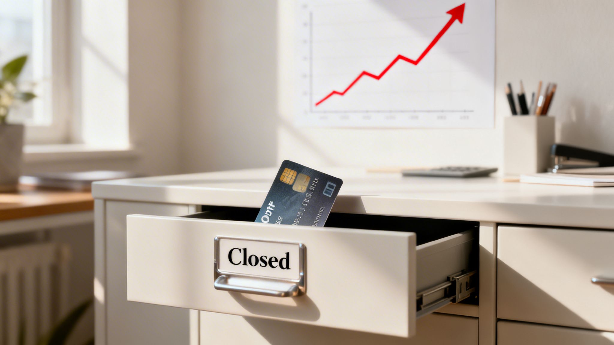 A black credit card is placed in a partially open drawer labeled "Closed" in an office setting.