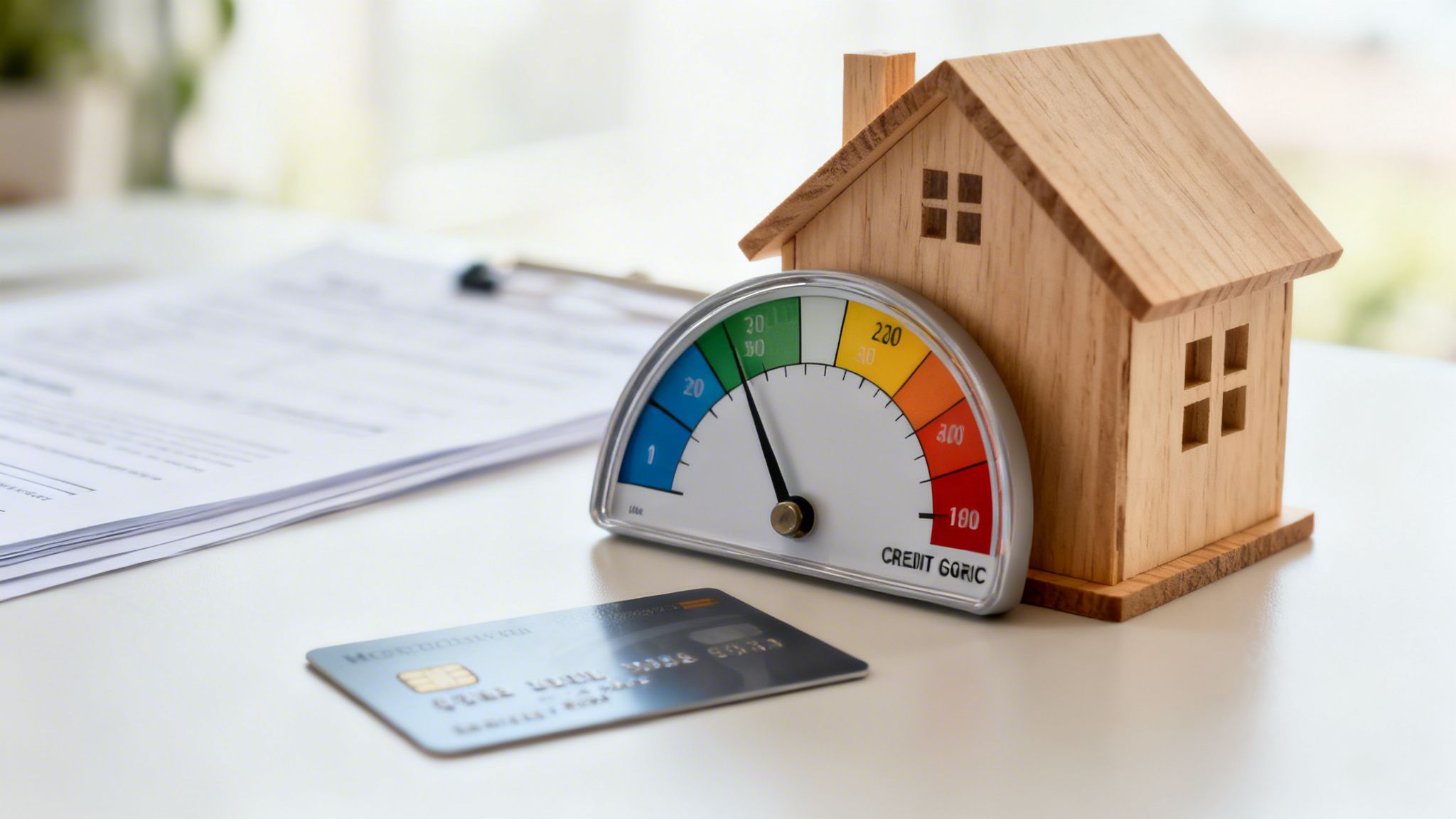 A wooden house model next to a credit score gauge, credit card, and documents, symbolizing home financing.