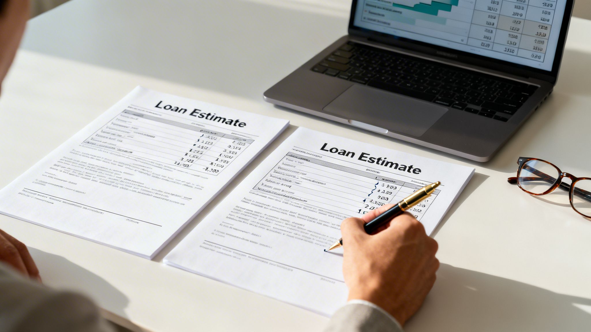 A person reviews multiple 'Loan Estimate' documents on a desk with a laptop and glasses.