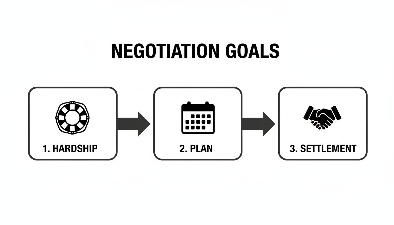A three-step diagram illustrates negotiation goals: hardship, plan, and settlement, with icons.