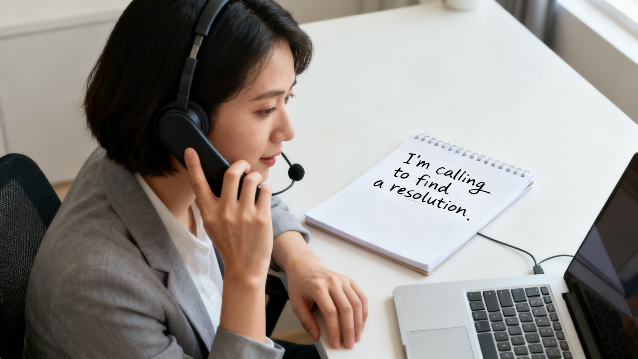 A woman in a headset calls on the phone, a notepad says 'I'm calling to find a resolution.'