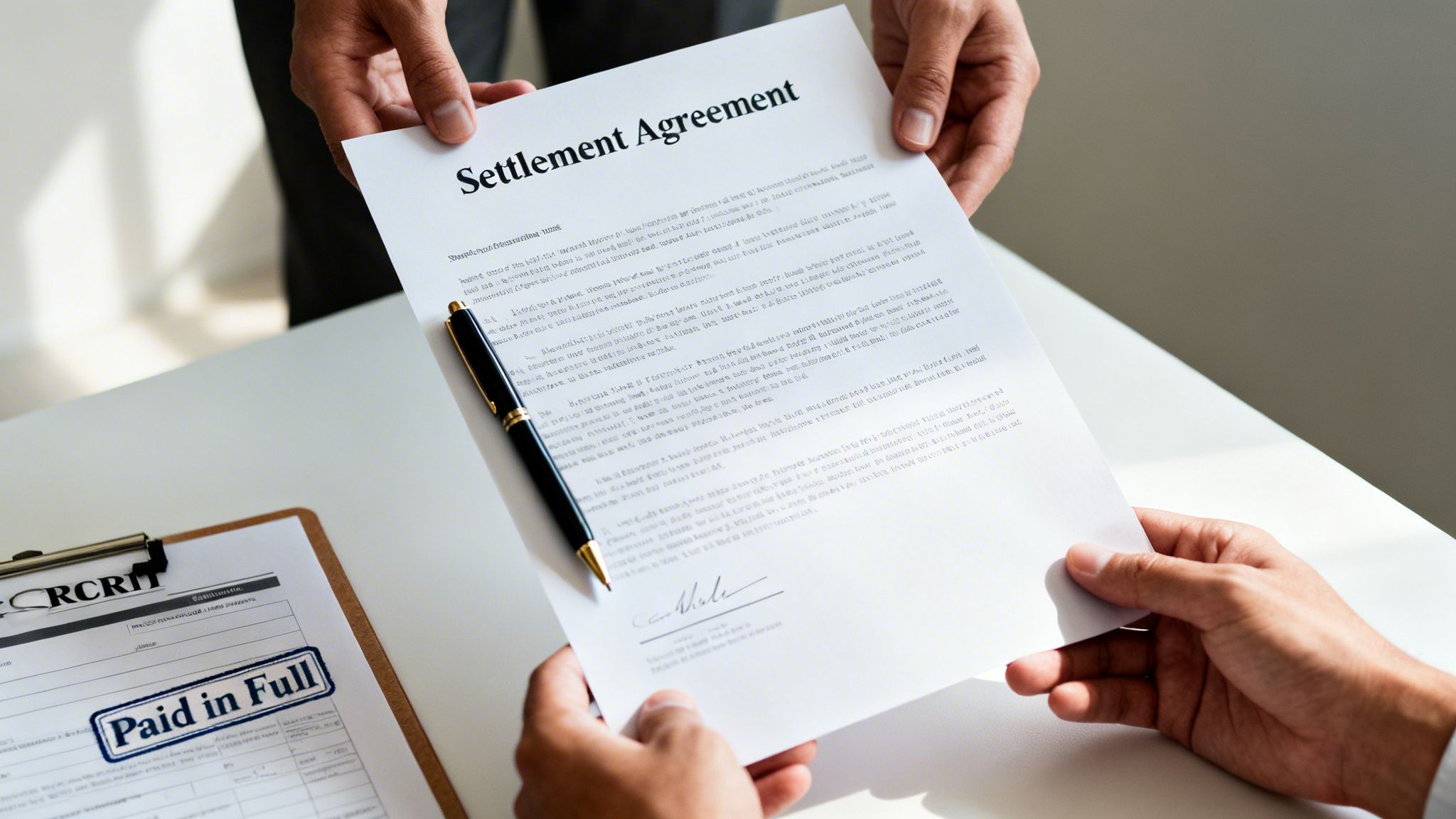 Hands exchanging a 'Settlement Agreement' document with a pen, next to a 'Paid in Full' stamped paper.