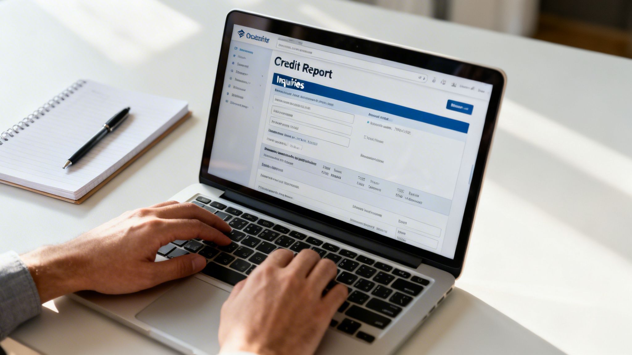 Hands typing on a laptop displaying a credit report with inquiries, next to a notebook.