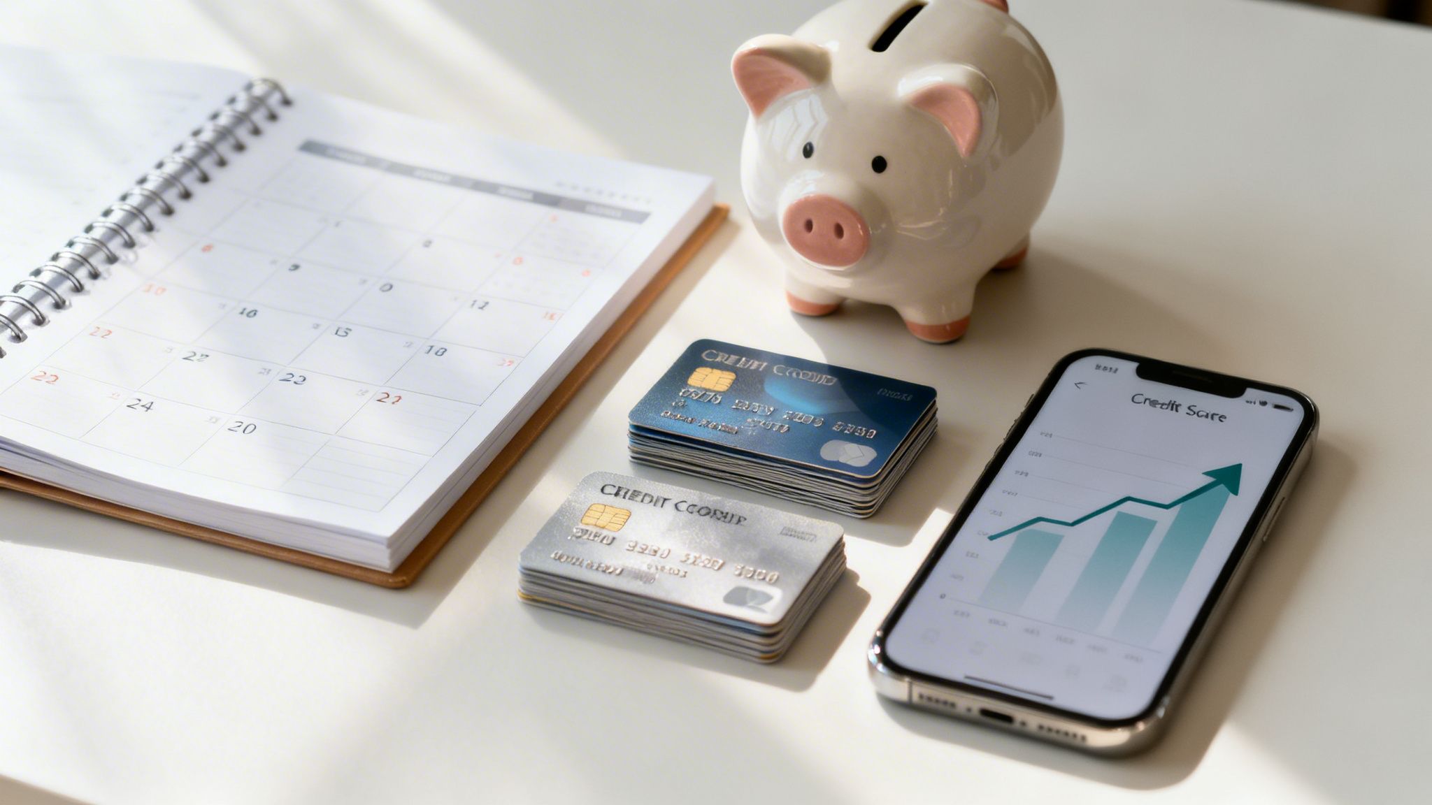 A calendar, piggy bank, stacks of credit cards, and a phone showing an increasing credit score.