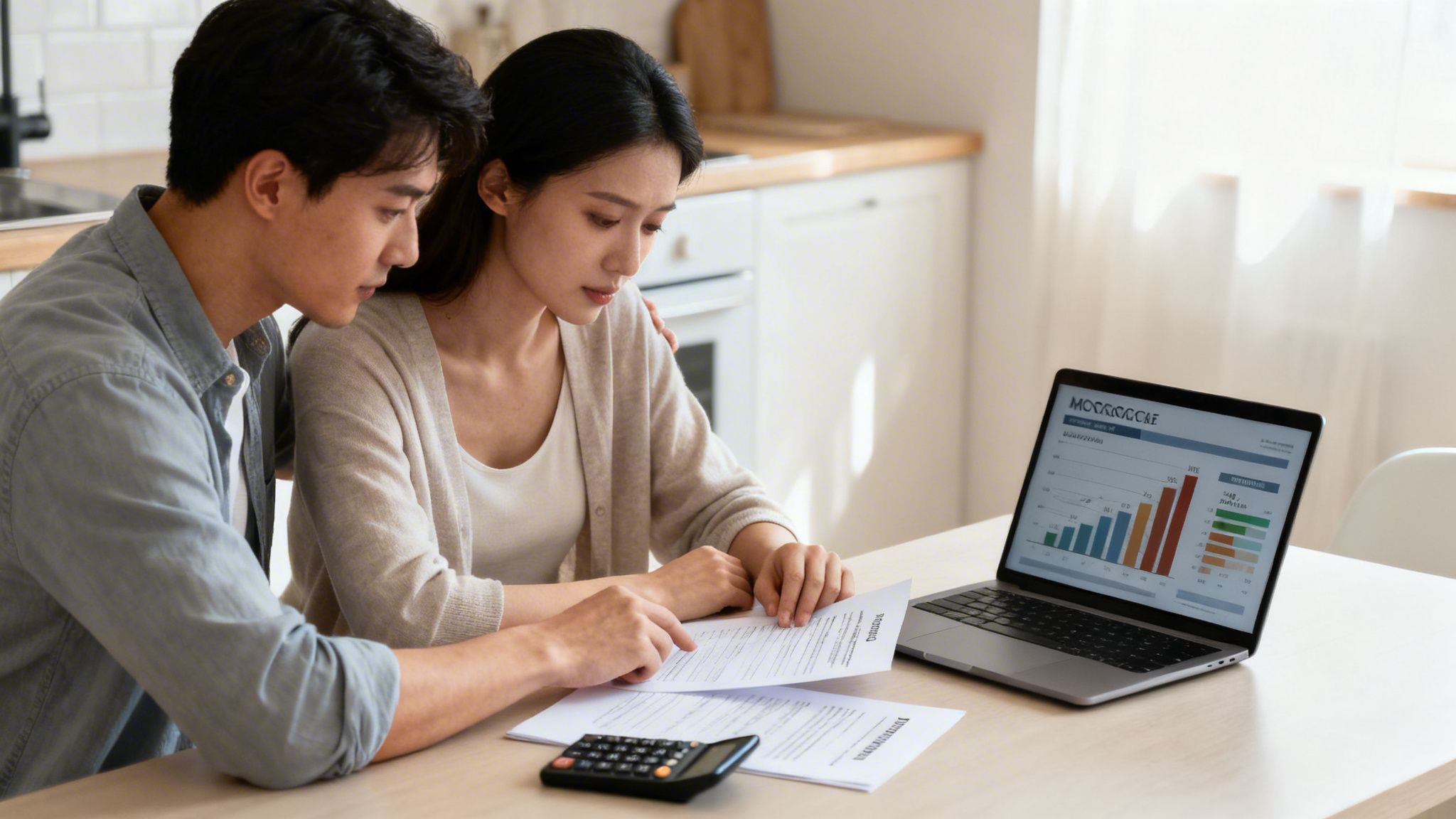 Concerned Asian couple reviewing financial documents and graphs on a laptop at home.