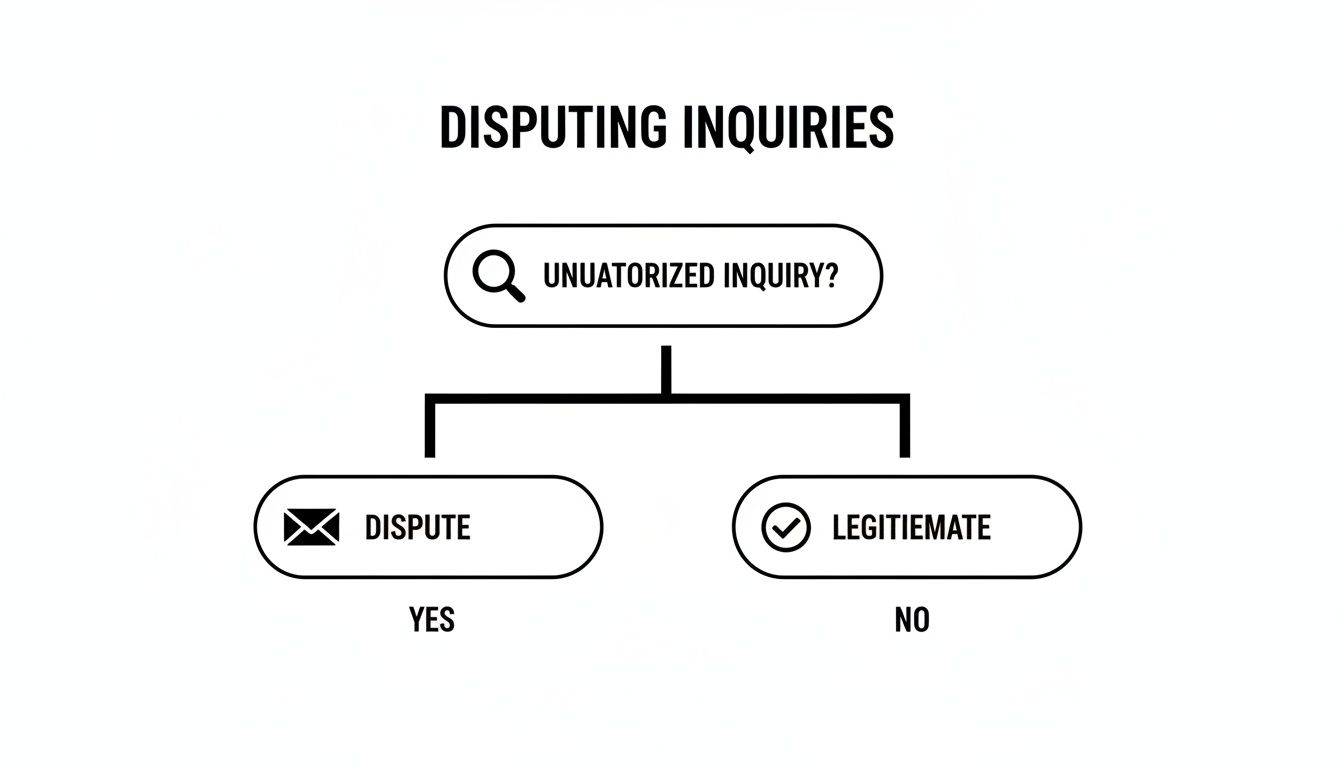 Flowchart illustrating the process for disputing inquiries, asking if unauthorized, leading to dispute or legitimate actions.