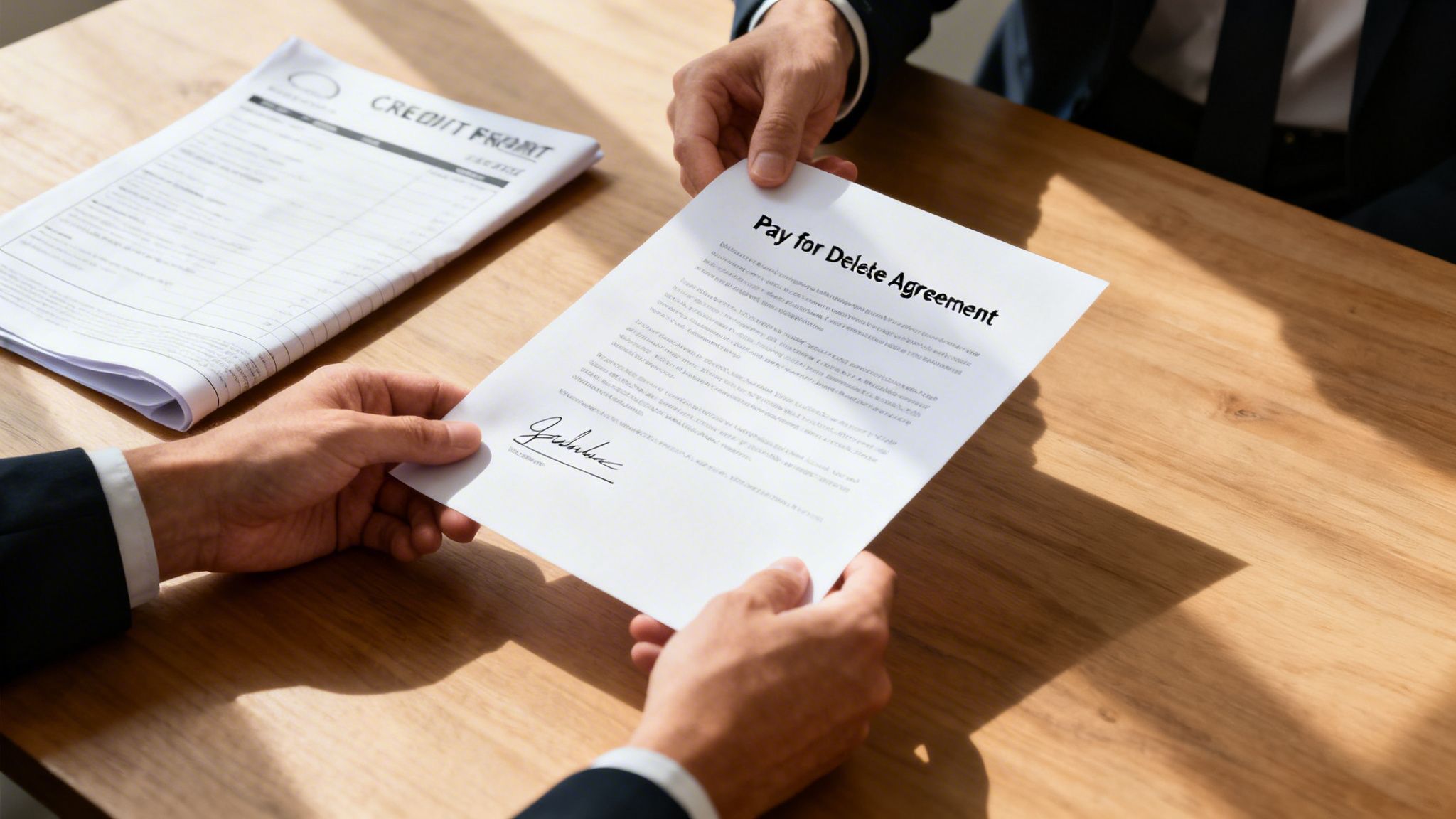 Two businessmen exchanging a document titled "Pay for Delete Agreement" over a wooden desk.