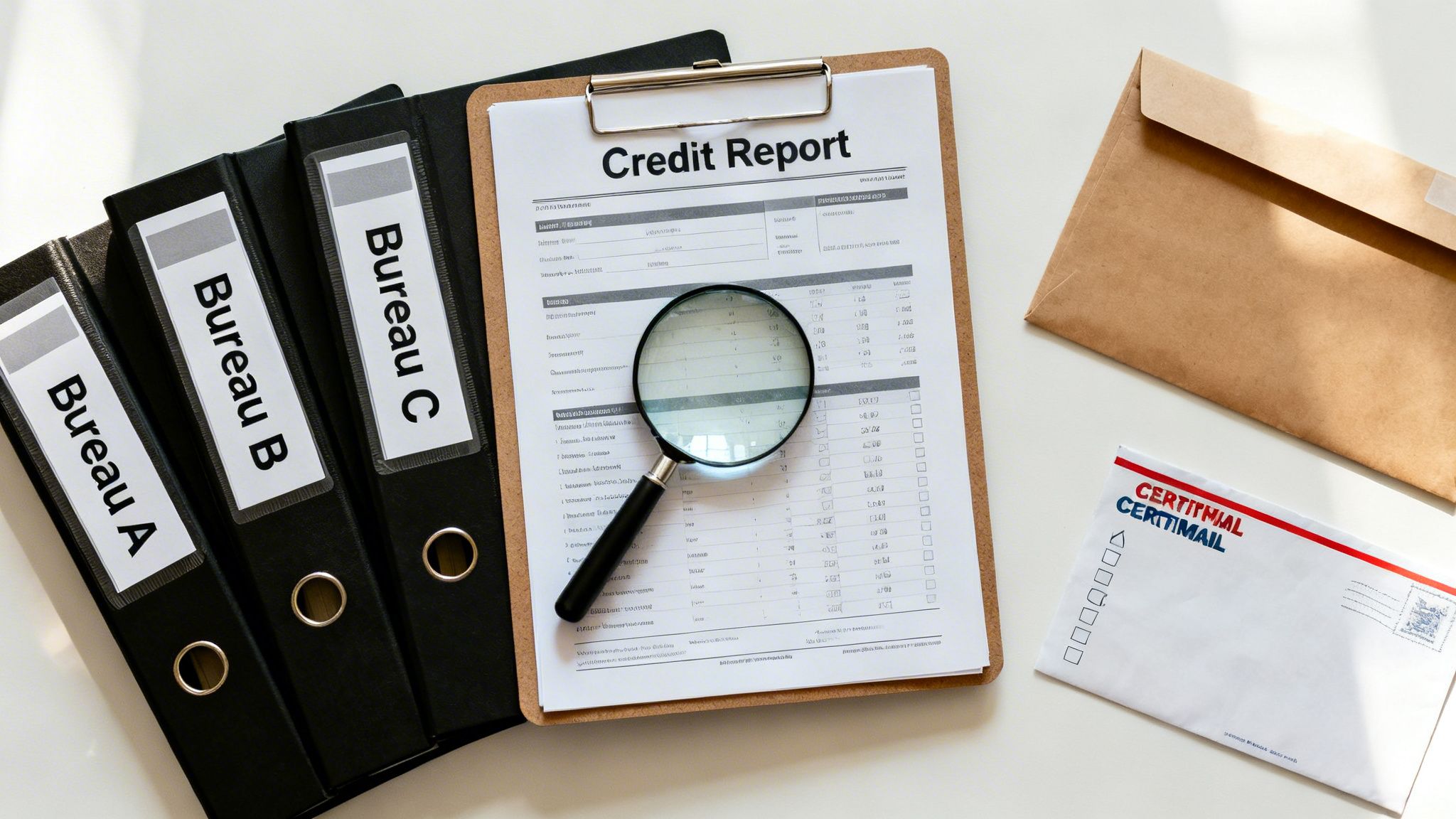 Overhead view of a credit report, magnifying glass, labeled binders, and mail envelopes on a desk.