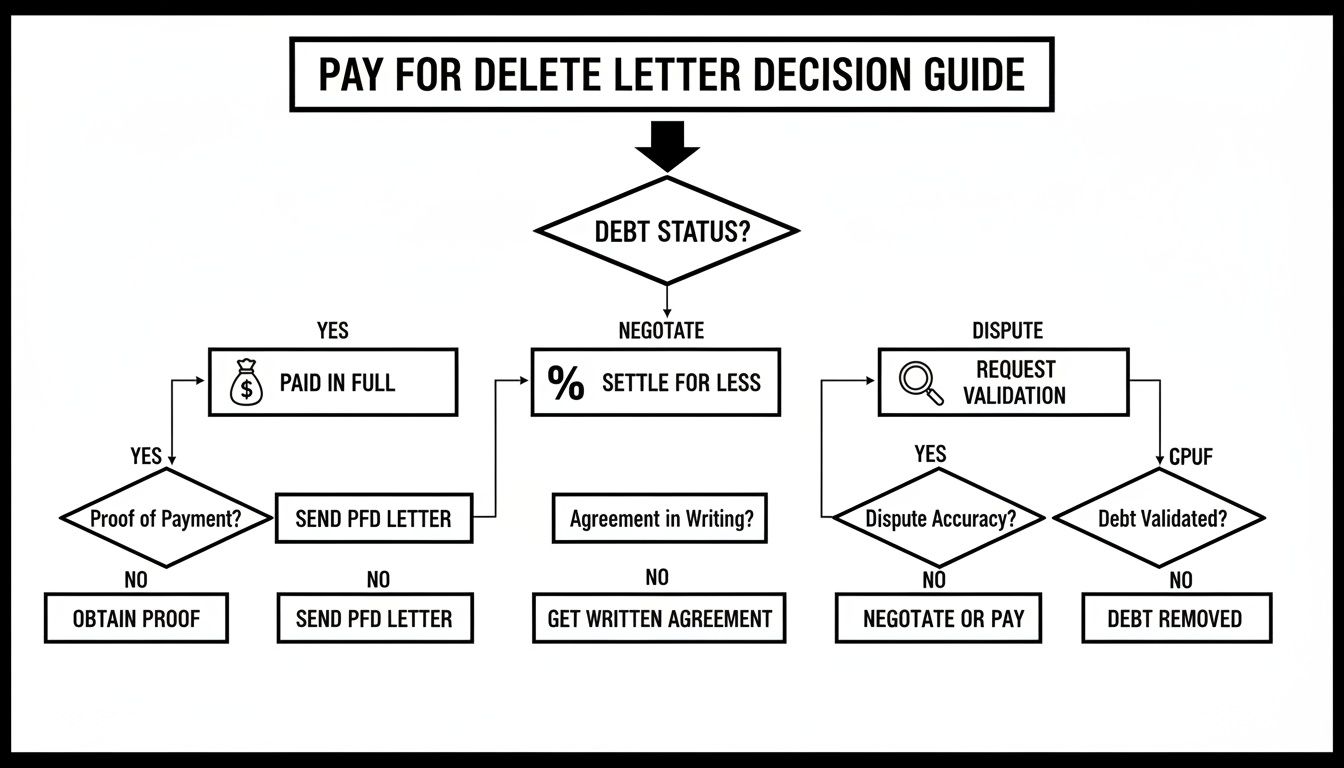 A flowchart detailing the decision process for sending a pay for delete letter based on debt status.