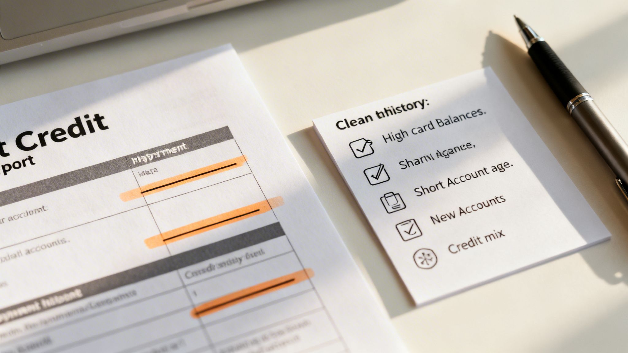 Credit report with highlighted entries and a checklist for cleaning credit history, next to a pen.
