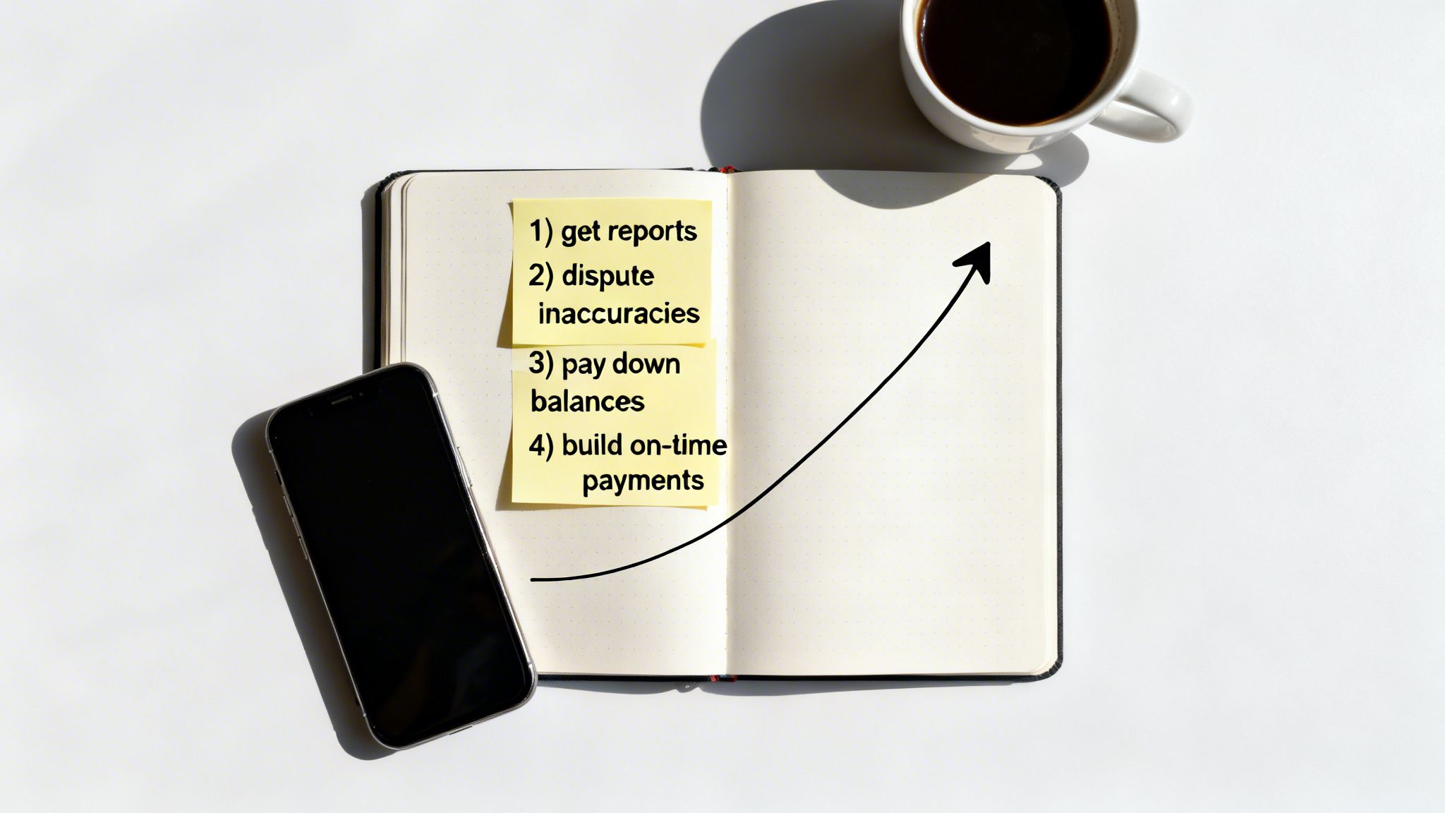 Flat lay of a notebook with sticky notes listing credit improvement steps, a phone, and coffee.