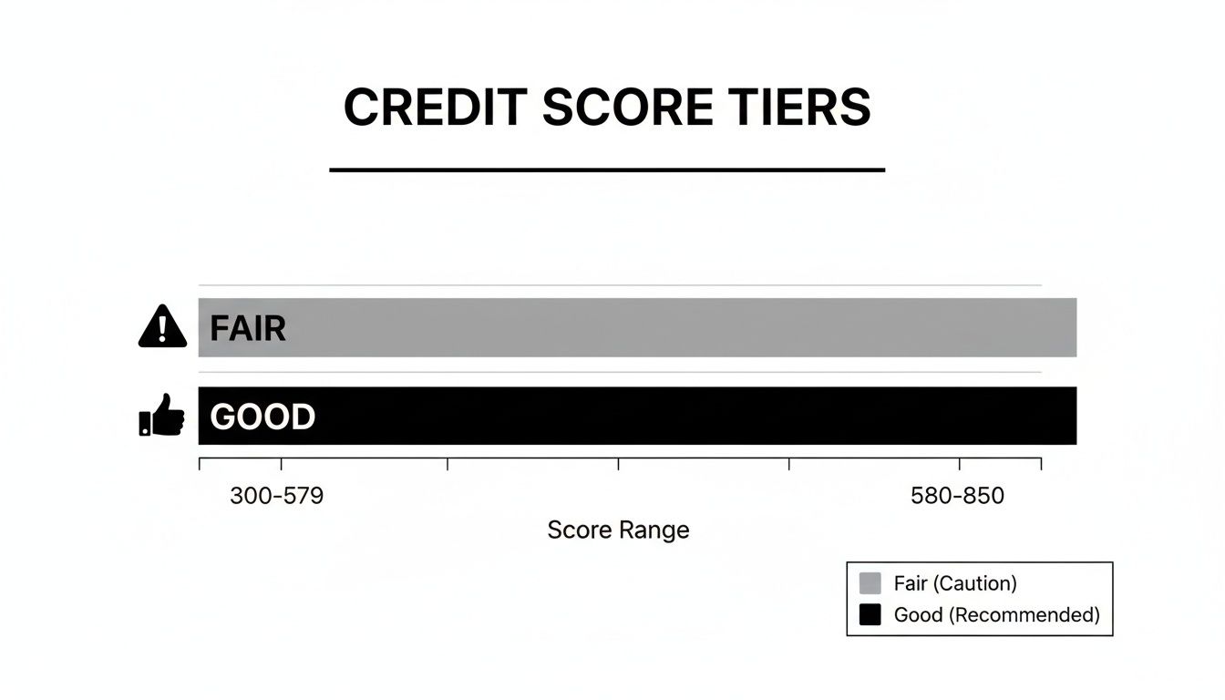 A bar chart illustrating credit score tiers: Fair (300-579) and Good (580-850), with an accompanying legend.