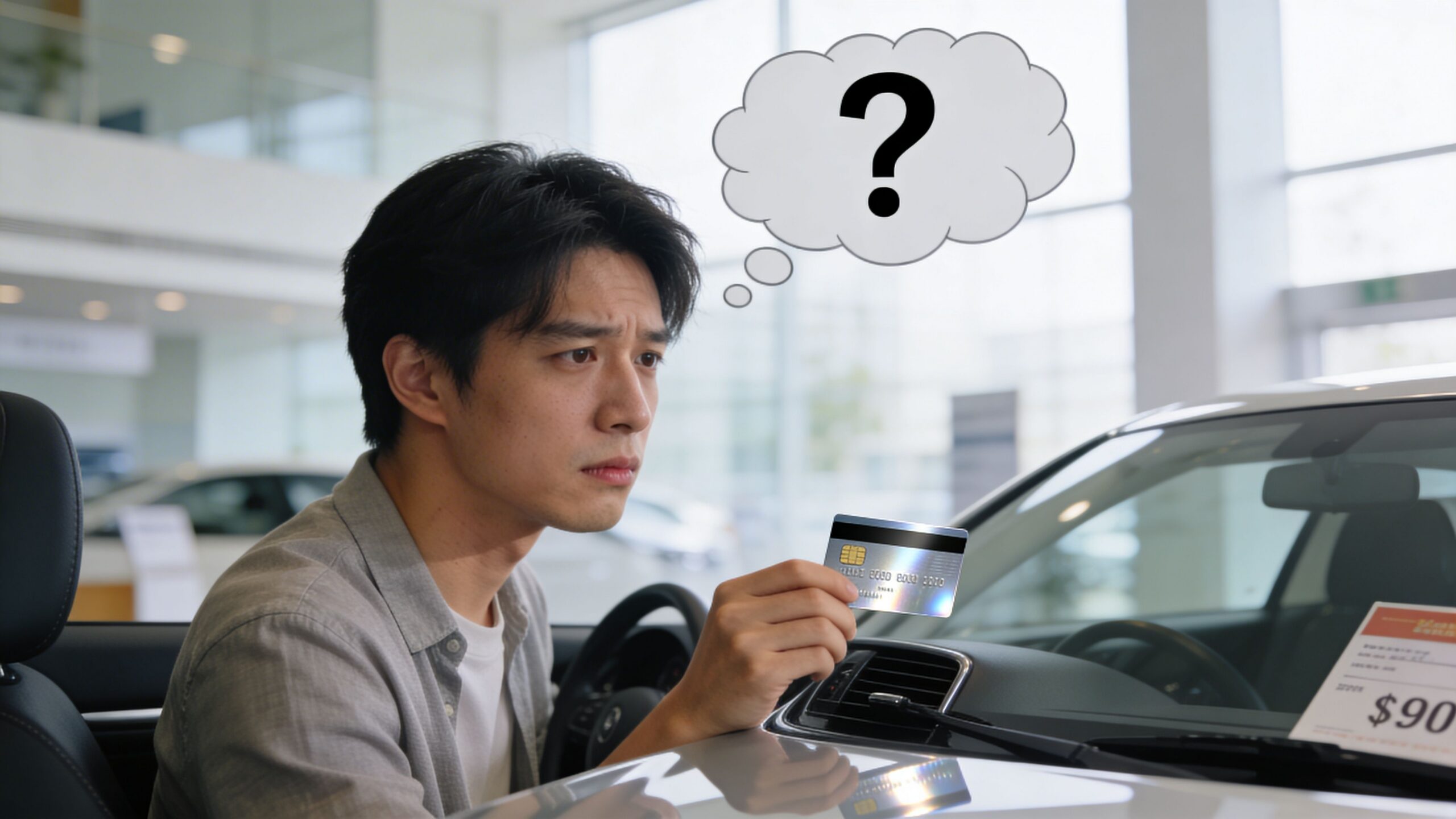 A pensive man in a car dealership contemplating paying for a vehicle using a credit card.