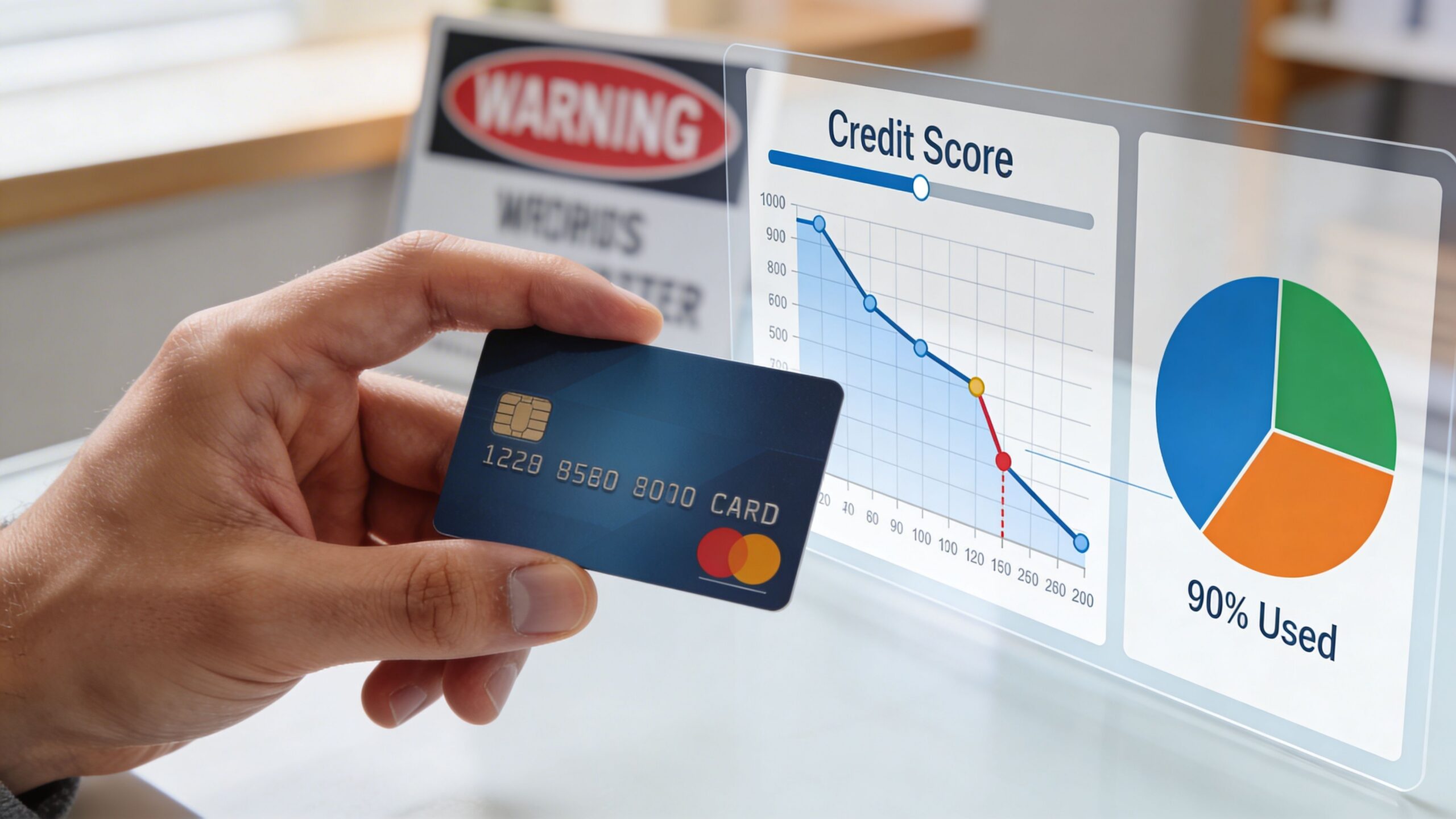 A person holding a credit card next to a digital display showing a declining credit score graph.