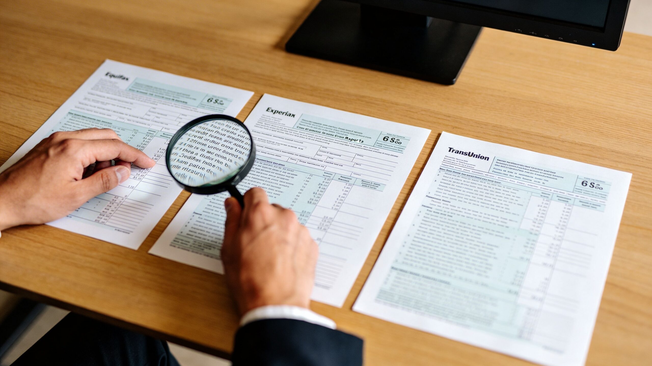 A professional analyzing credit reports from Equifax, Experian, and TransUnion using a magnifying glass at a desk.
