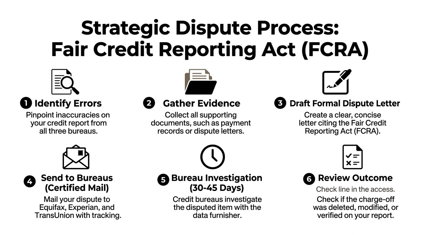 A six-step infographic detailing the Fair Credit Reporting Act strategic dispute process for correcting credit report errors.