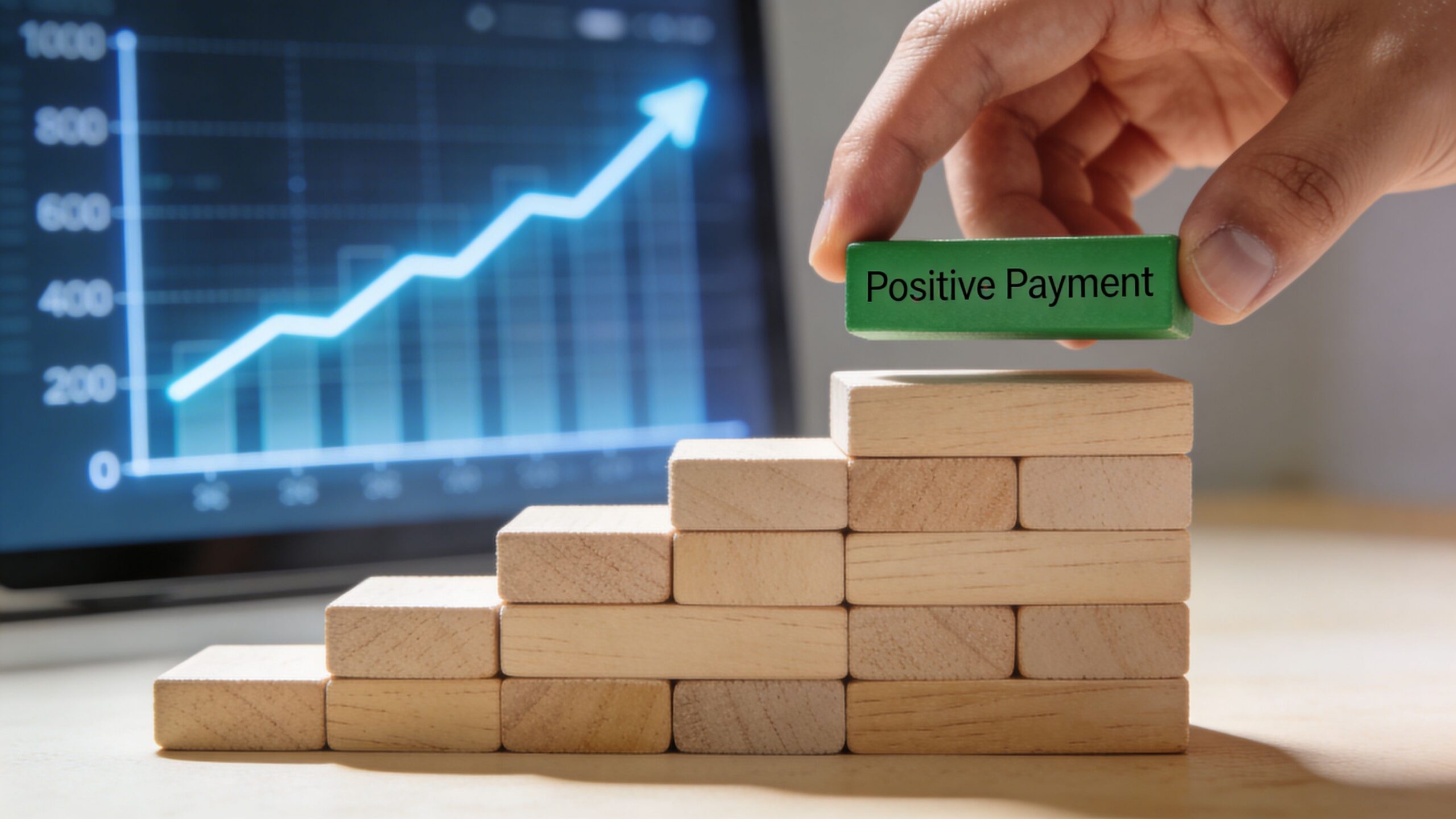 A hand placing a green block labeled Positive Payment onto a wooden stair-shaped graph sculpture.