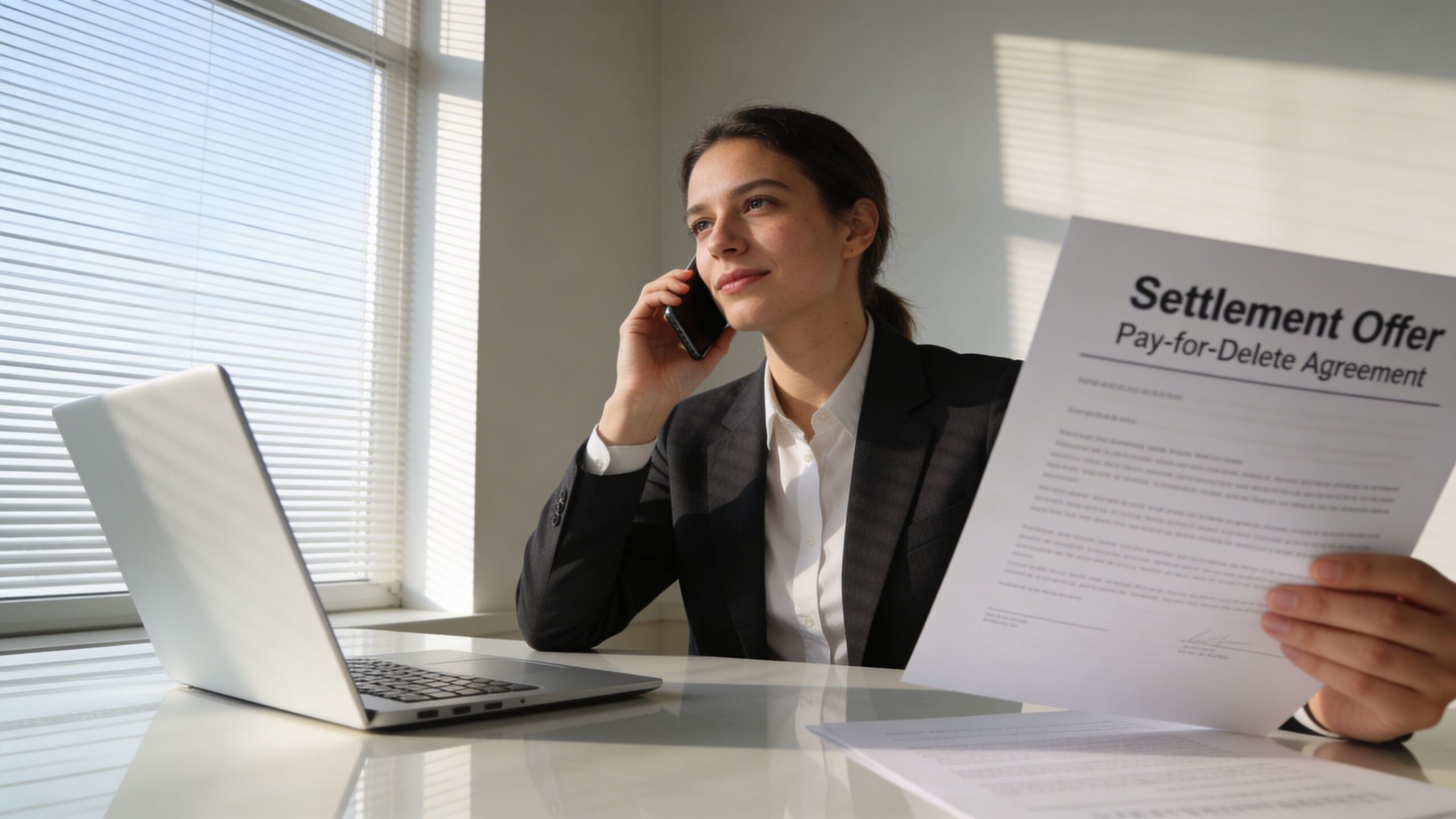 A professional woman in a suit holding a pay-for-delete settlement offer document while speaking on the phone.