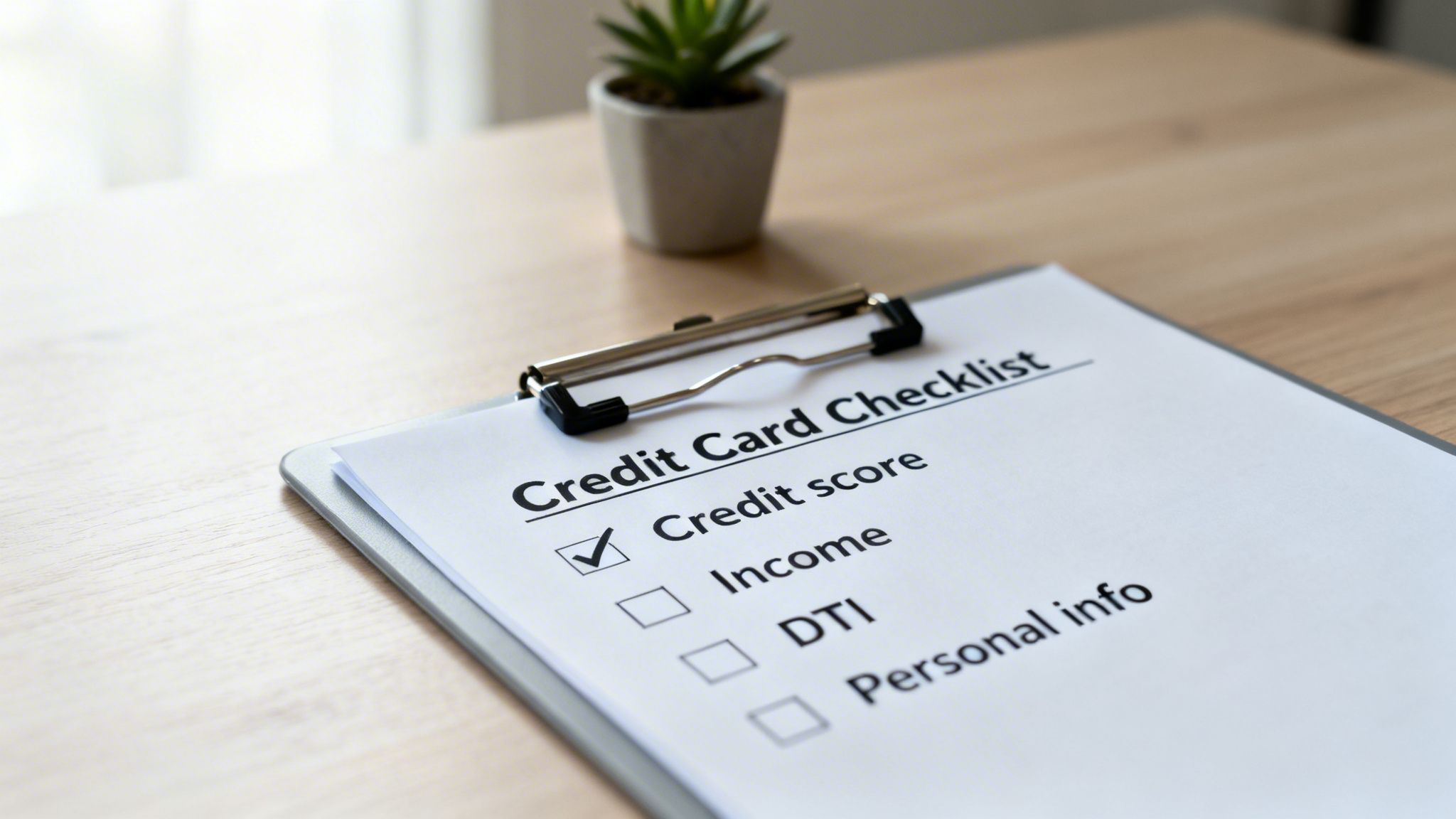 A credit card checklist on a clipboard with 'Credit score' checked, on a wooden desk.