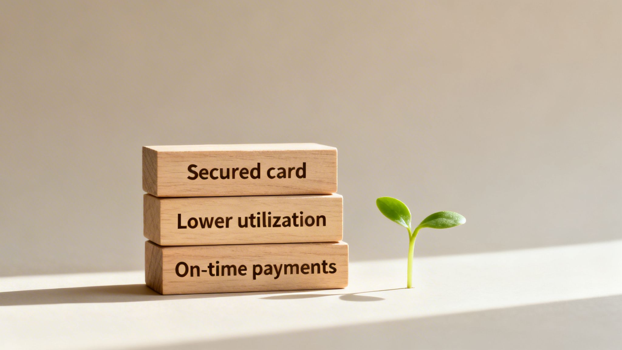 Three wooden blocks stacked with text 'Secured card', 'Lower utilization', 'On-time payments' next to a green sprout.
