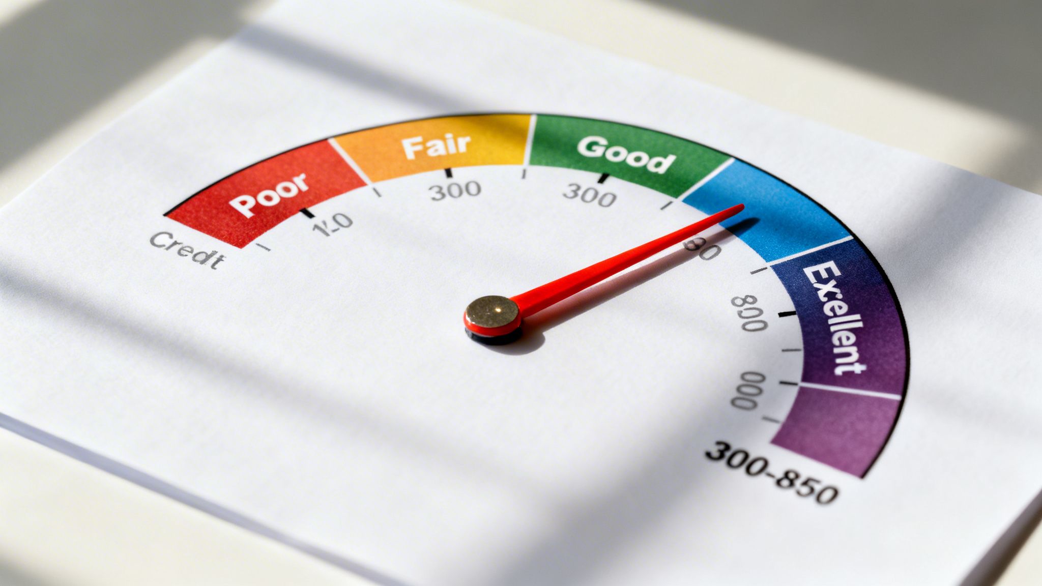 A paper credit score gauge with a red needle pointing towards the 'Excellent' category.